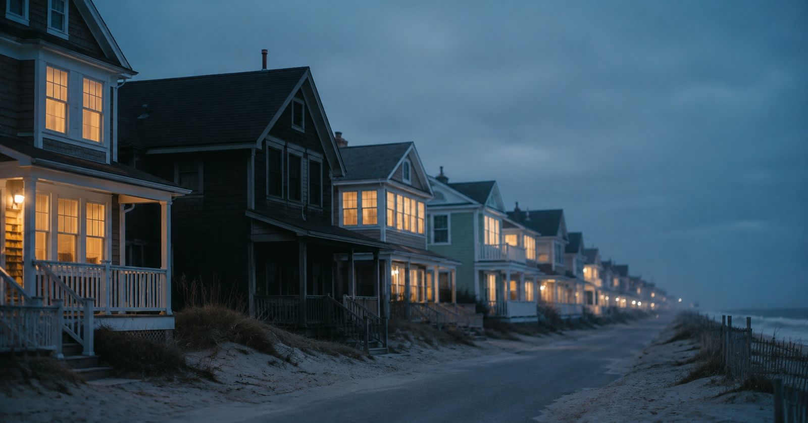 Row of pastel beach houses at dusk with lit windows, one house dark — illustrating hidden revenue leaks found by AI funnel analysis