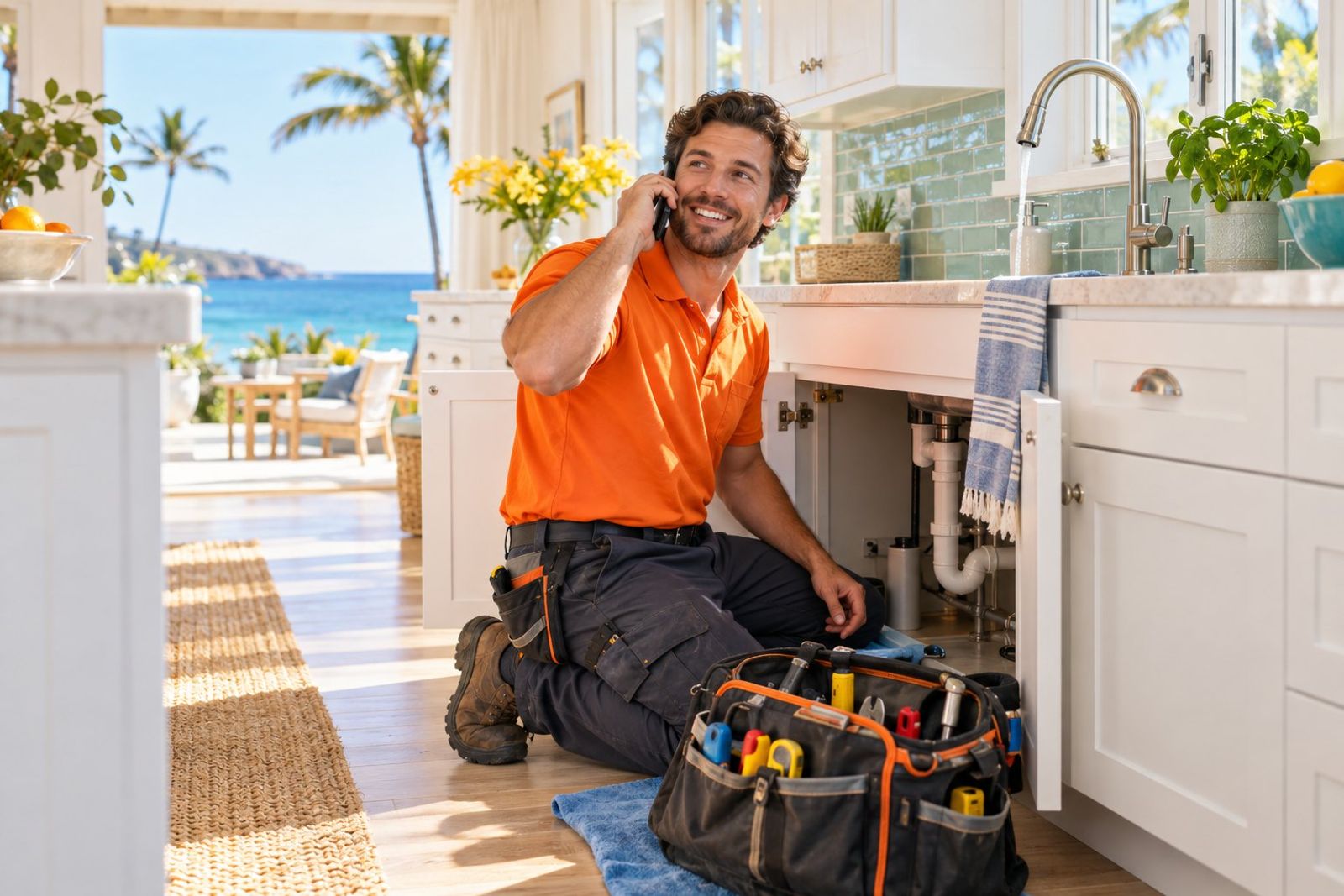 A plumber in a bright orange shirt kneeling at a sunny kitchen sink in a coastal home answers his ringing phone with a smile, tool bag open, white cabinets, sea-glass green tiles, sunlight through the window
