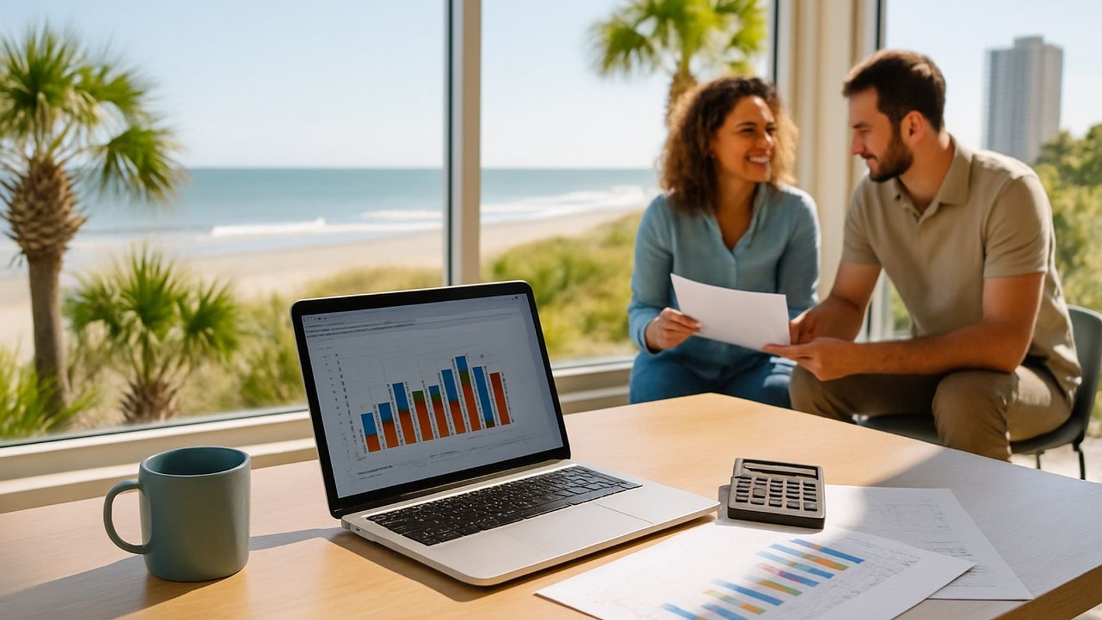 Laptop showing a booking revenue chart and a printed channel report on a desk in a sunlit coastal office, with palmetto palms, sea oats, dunes and the Atlantic through the windows