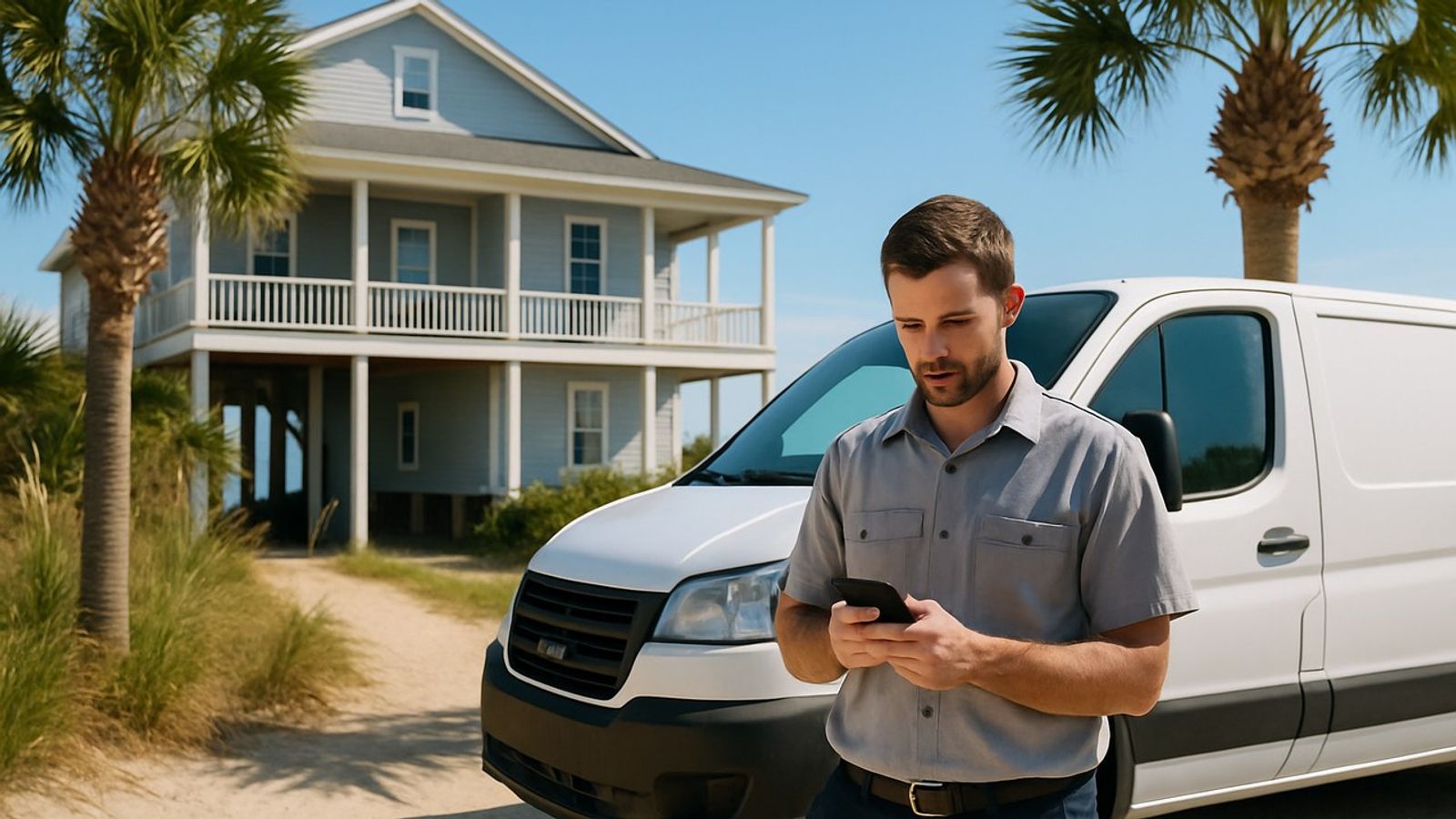 A home services technician checks his phone beside a white service van outside a raised coastal beach house with palmetto palms in North Myrtle Beach, South Carolina