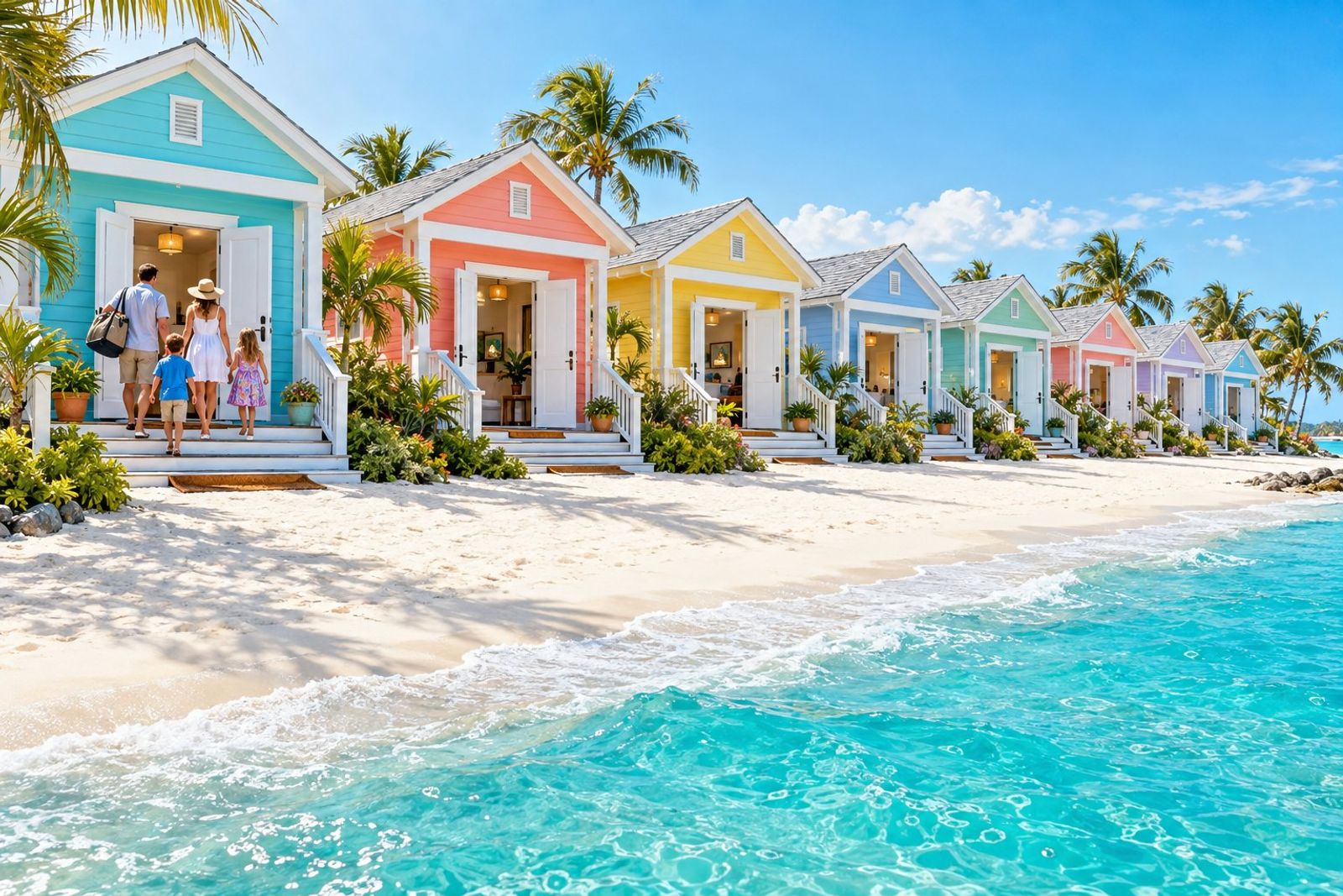 A row of eight beautiful pastel-colored beach houses on a sunlit shore, all with doors open and welcome mats out, one with a family arriving while the rest wait invitingly