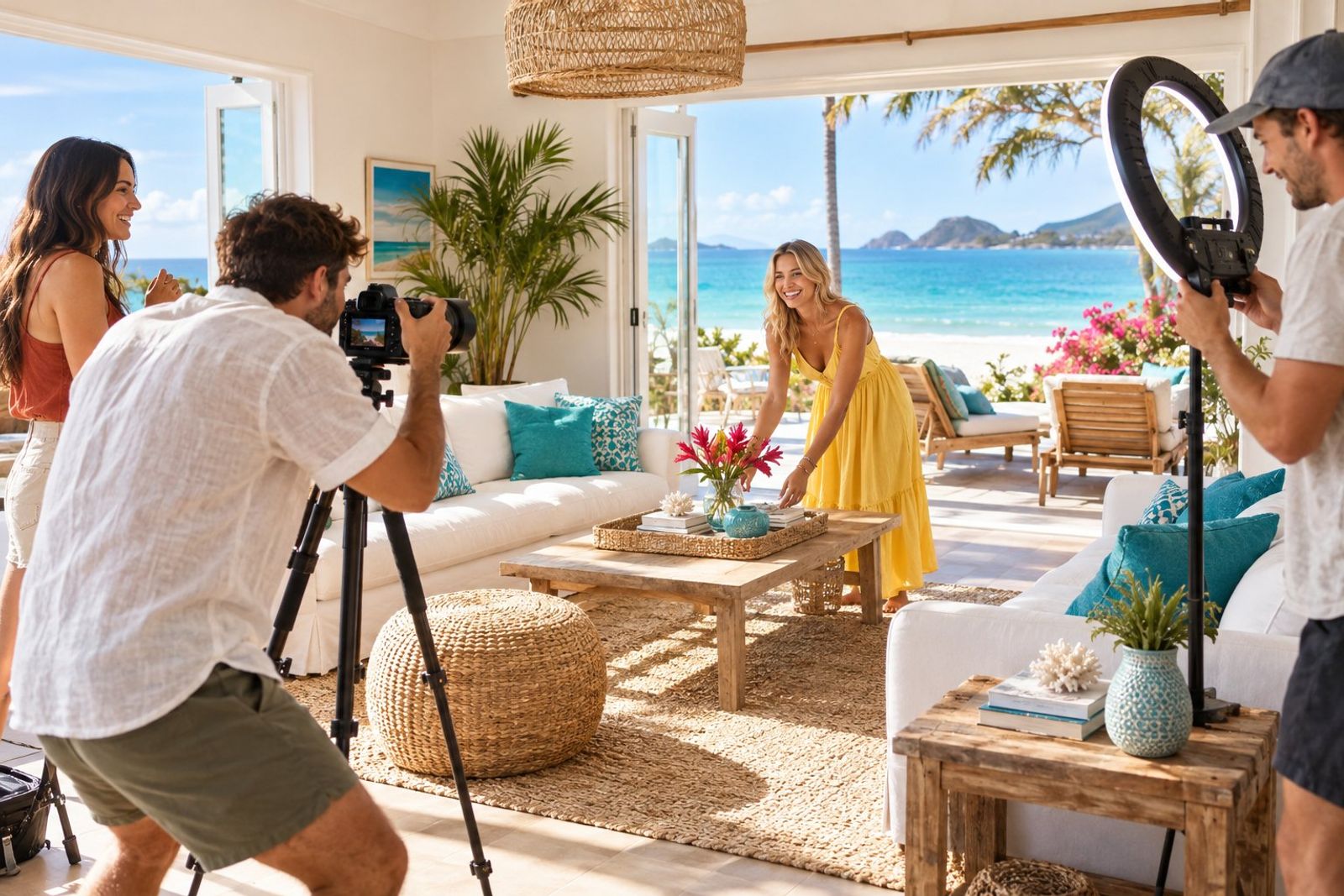 A bright creative studio by the sea: a young marketing team photographing a sunlit beach house living room with white sofas and turquoise cushions, a ring light, a camera on a tripod, laughter, ocean through the open doors
