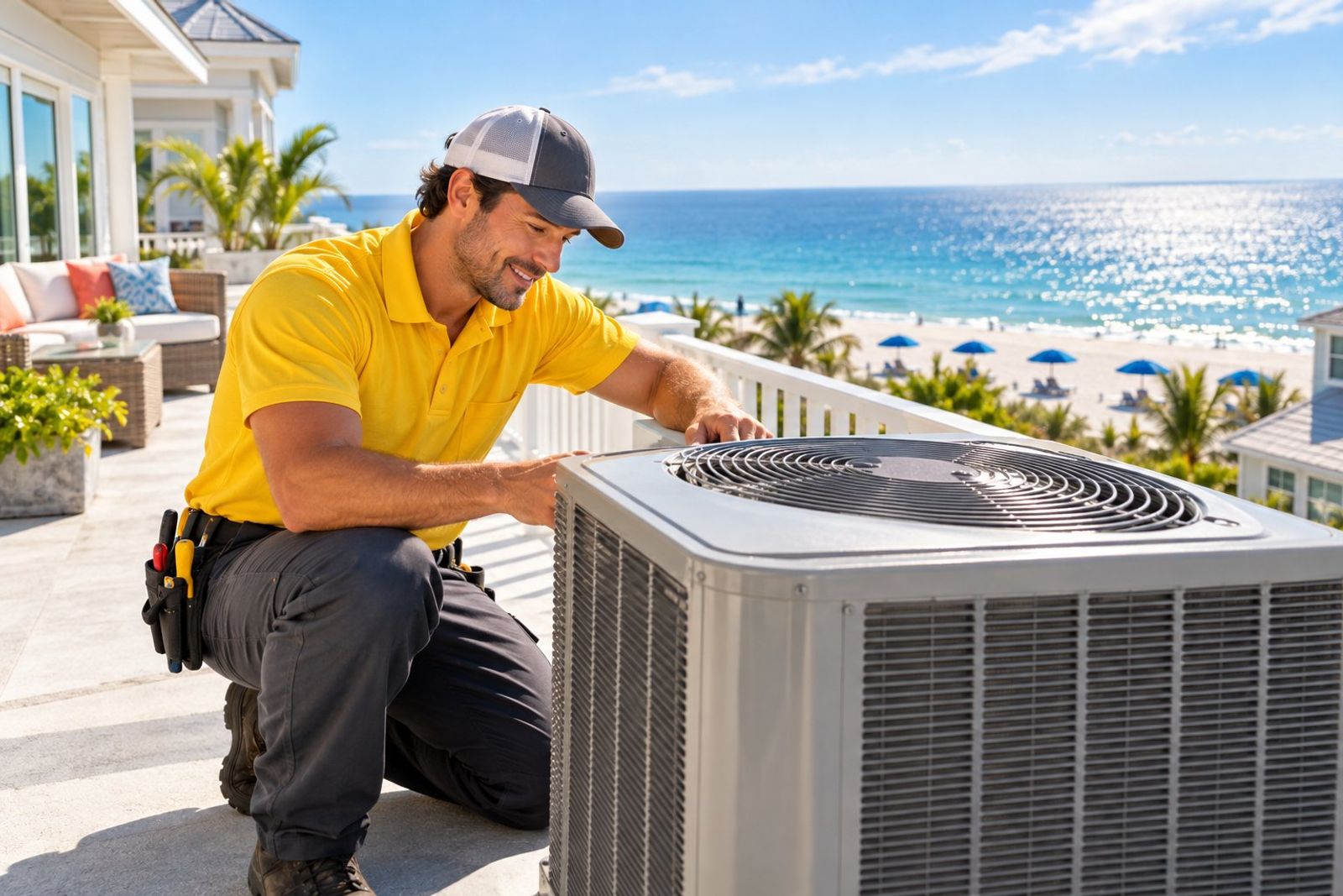 A sunny rooftop deck of a coastal vacation home where a friendly maintenance technician in a bright yellow shirt inspects an outdoor air-conditioning unit, ocean sparkling in the background, white railings, beach umbrellas below