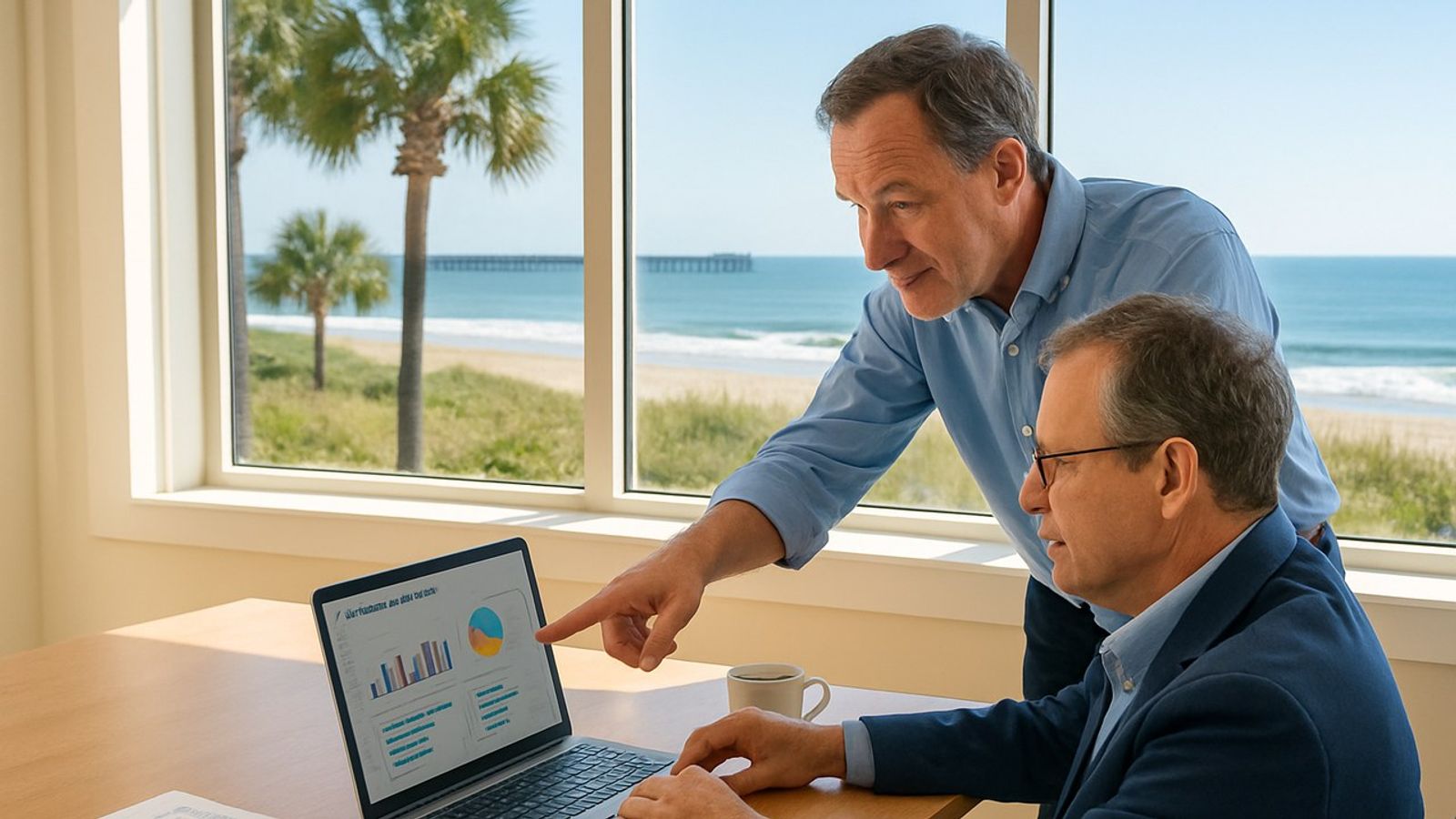Two brokerage managers reviewing an agent performance dashboard on a laptop in a sunlit coastal office overlooking palms, dunes, a fishing pier and the Atlantic