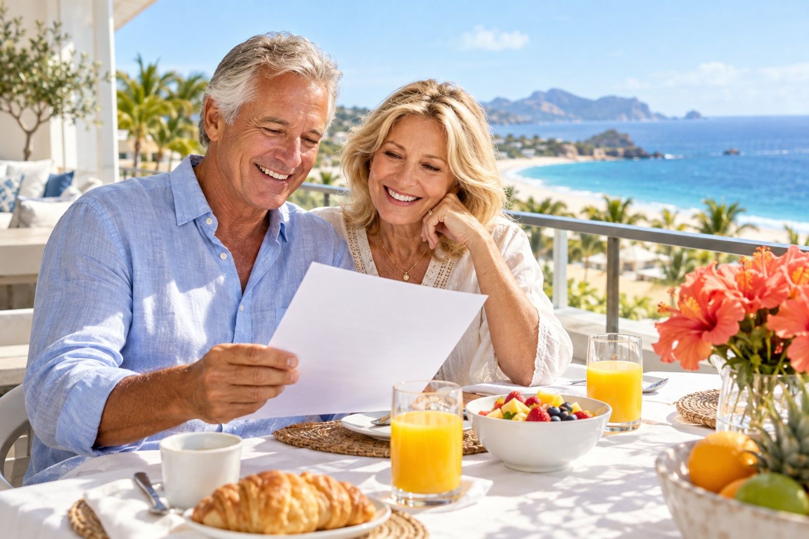 A relaxed property owner couple in their sixties reading a neat printed statement at a sunny breakfast table on a balcony overlooking the ocean, orange juice, fresh fruit, white linen, a big relieved smile