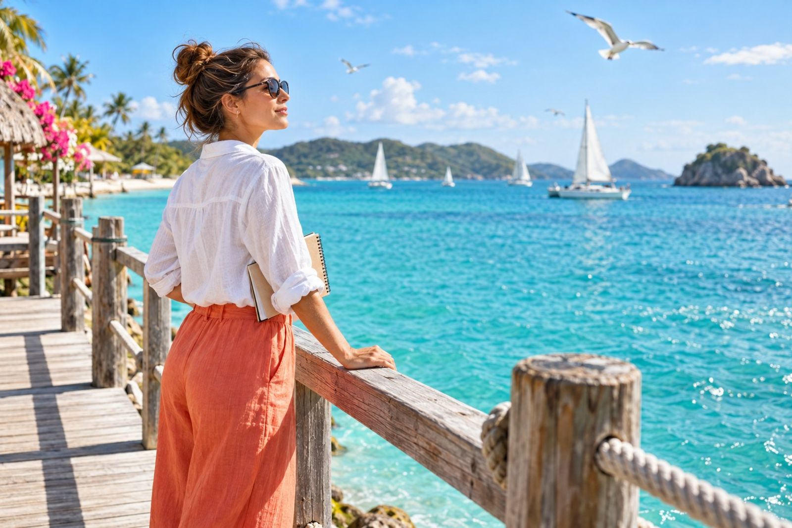 A thoughtful small-business owner standing at the end of a sunny pier looking out over bright turquoise water, hands on the railing, a notebook under her arm, gulls and sailboats in the distance, vivid blue sky