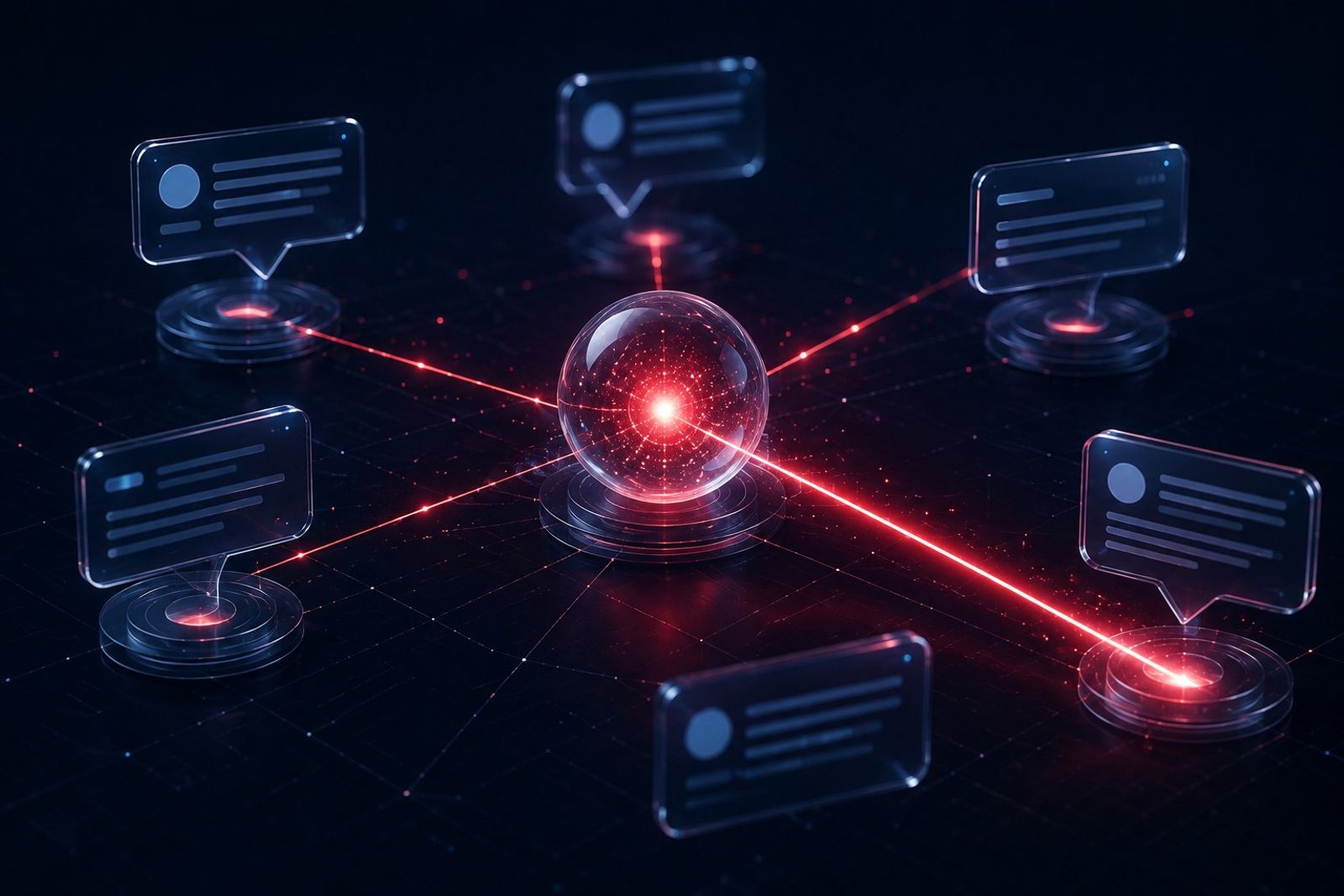 Glowing glass sphere at the center of red light beams connecting to translucent AI answer cards and conversation bubbles on a deep navy background