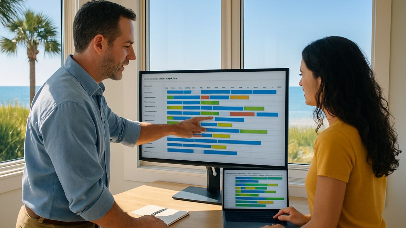 A small business operations manager and a colleague reviewing an automated job scheduling board on a large monitor in a bright sunlit coastal office, with palmetto palms, sea oats and the Atlantic visible through large windows