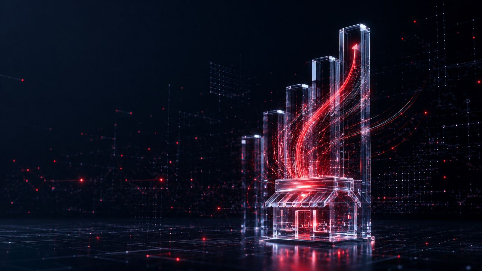 Glass bar chart and data streams rising from a small glass storefront on a deep navy background with red glow accents