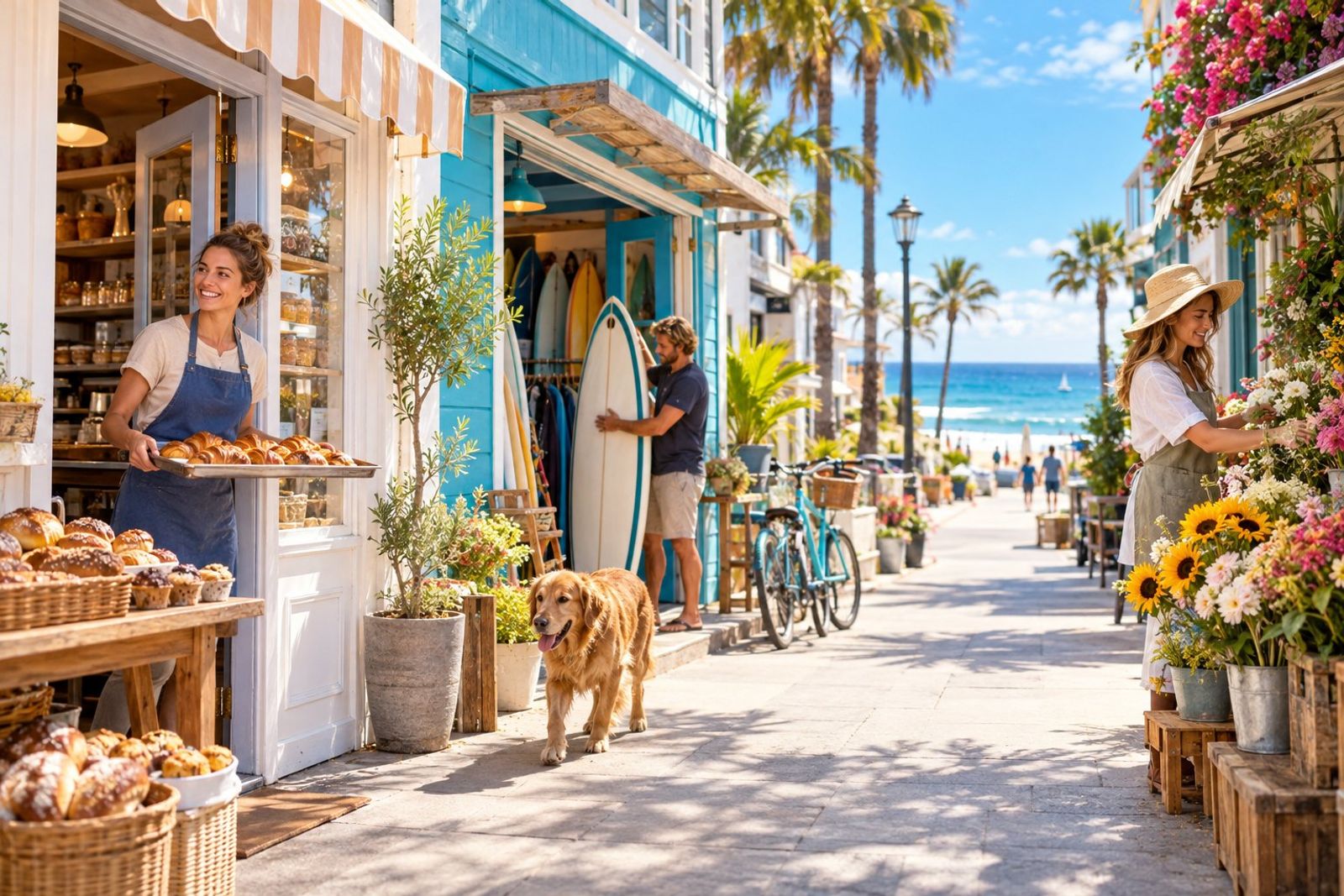 A bright, friendly beach-town main street at morning: a baker, a surf-shop owner and a florist each opening their colorful storefronts, sunlight on the pavement, bicycles, a dog, blue sky