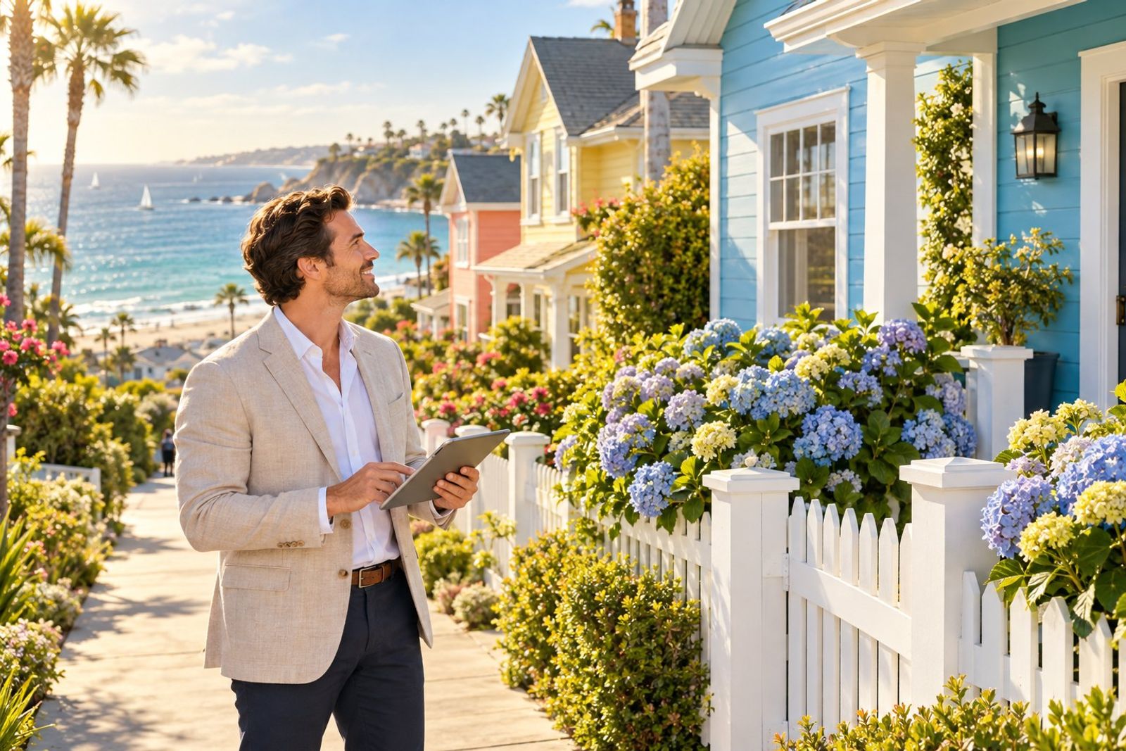 A sunlit coastal neighborhood street of colorful pastel houses, a real-estate agent in a light linen blazer standing on the sidewalk reviewing a tablet while admiring a bright blue house with a white picket fence and blooming hydrangeas