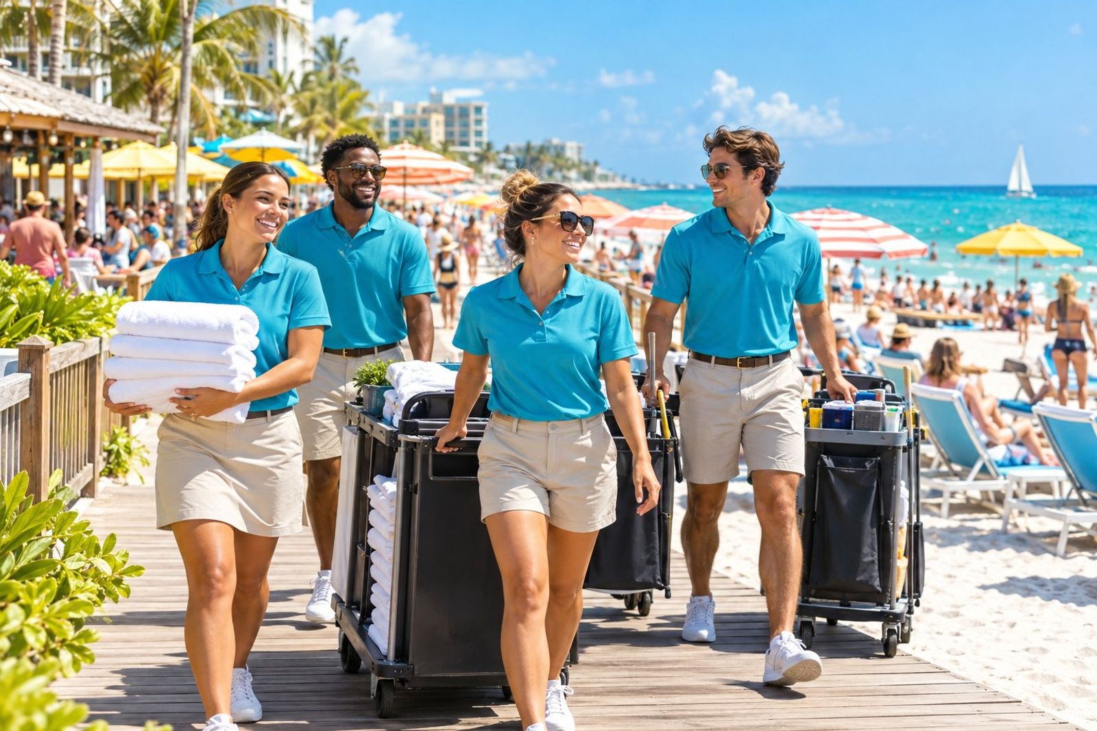A bright beach boardwalk on a busy summer day: a team of smiling housekeeping and front-desk staff in matching turquoise shirts walking together with rolling carts past striped umbrellas and a crowded white-sand beach