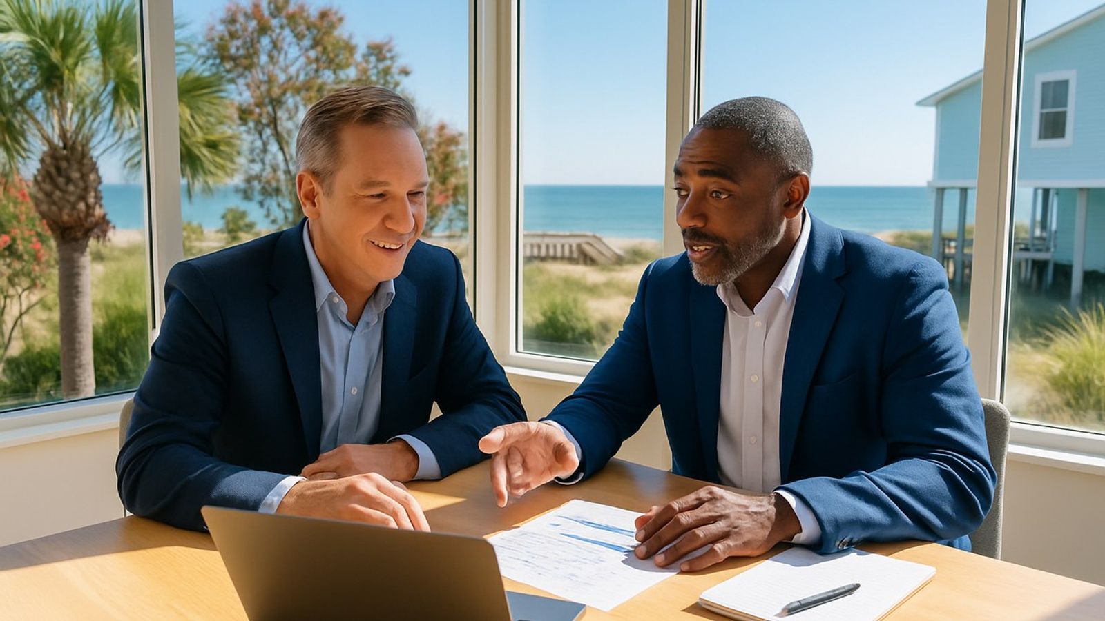 Two real estate brokerage leaders comparing software options on a laptop and a printed cost sheet in a bright sunlit coastal office, with palmetto palms, sea oats, a dune walkover and the Atlantic through the windows