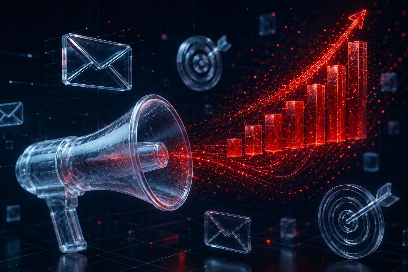 Translucent glass megaphone emitting glowing red data streams that form a rising bar chart, with envelope and target icons on a deep navy background