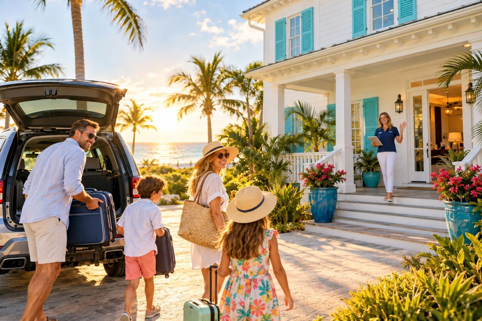 A stunning bright white beach house with turquoise shutters at golden hour, happy family unloading a car in the driveway, palm trees, a property manager waving from the porch with a tablet in hand