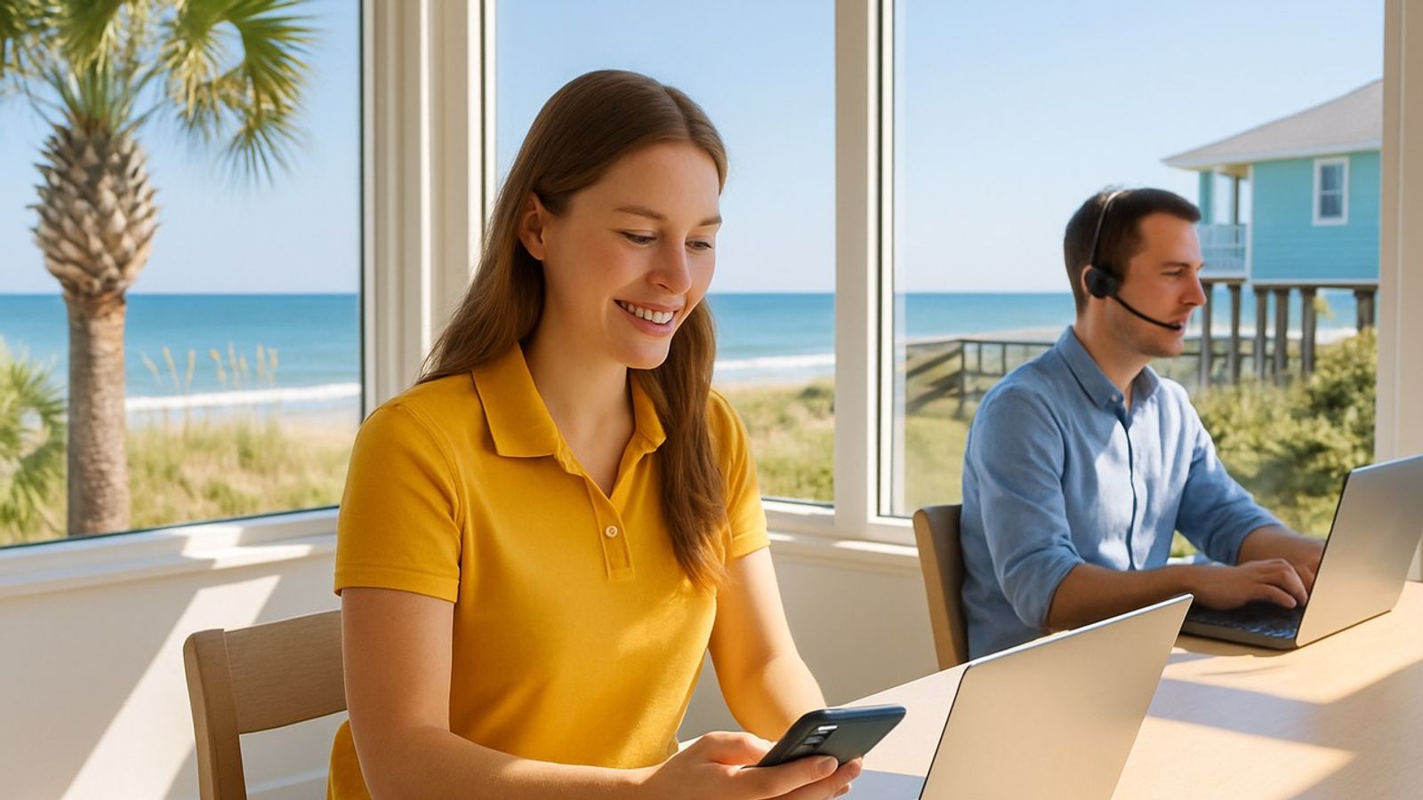 A vacation rental guest services coordinator checking a smartphone beside a laptop in a bright sunlit coastal office, with a colleague on a headset and windows showing palmetto palms, sea oats, a dune walkover and the Atlantic beyond