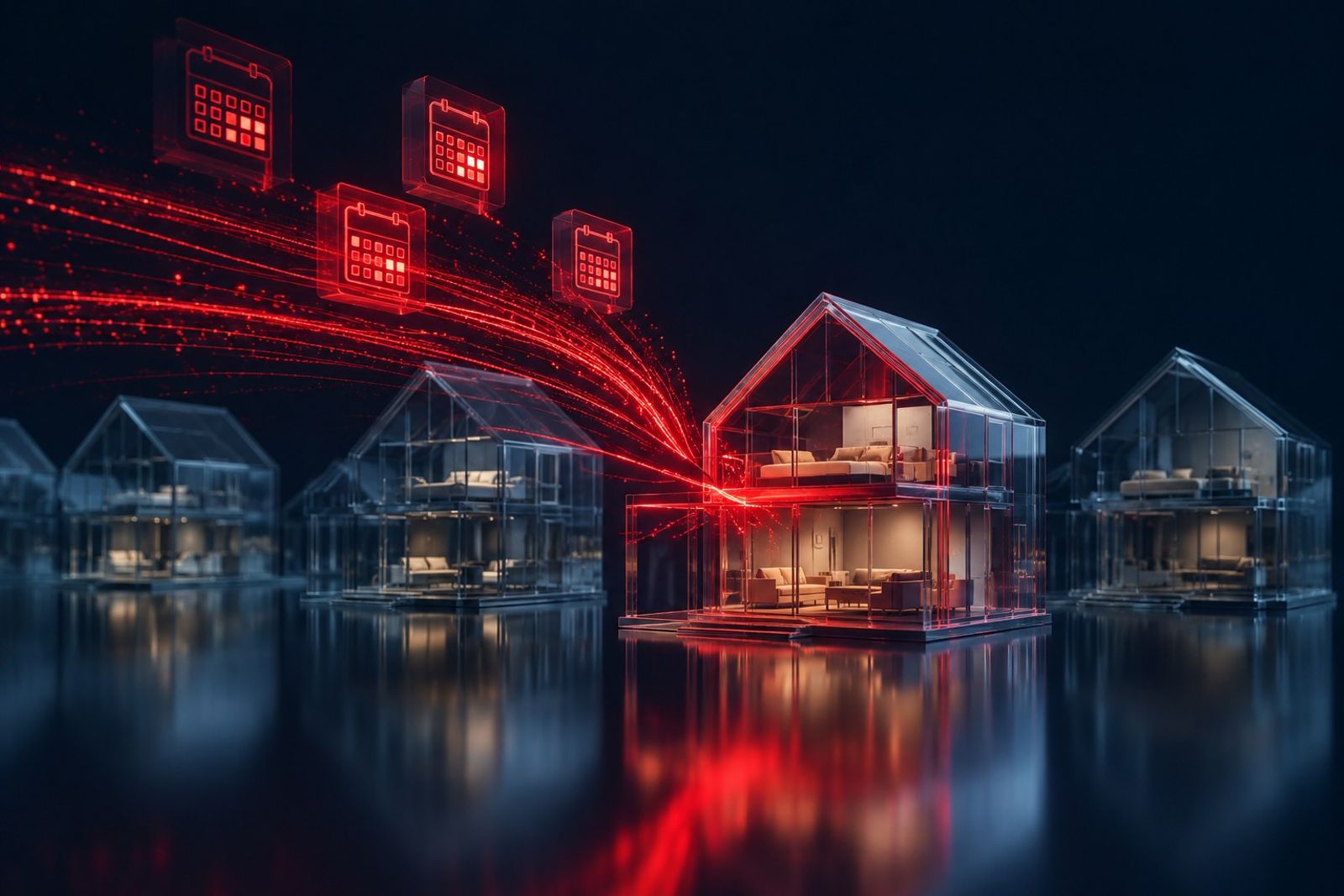 Row of translucent glass beach houses with one glowing red as booking calendars and data streams flow toward it on a deep navy background