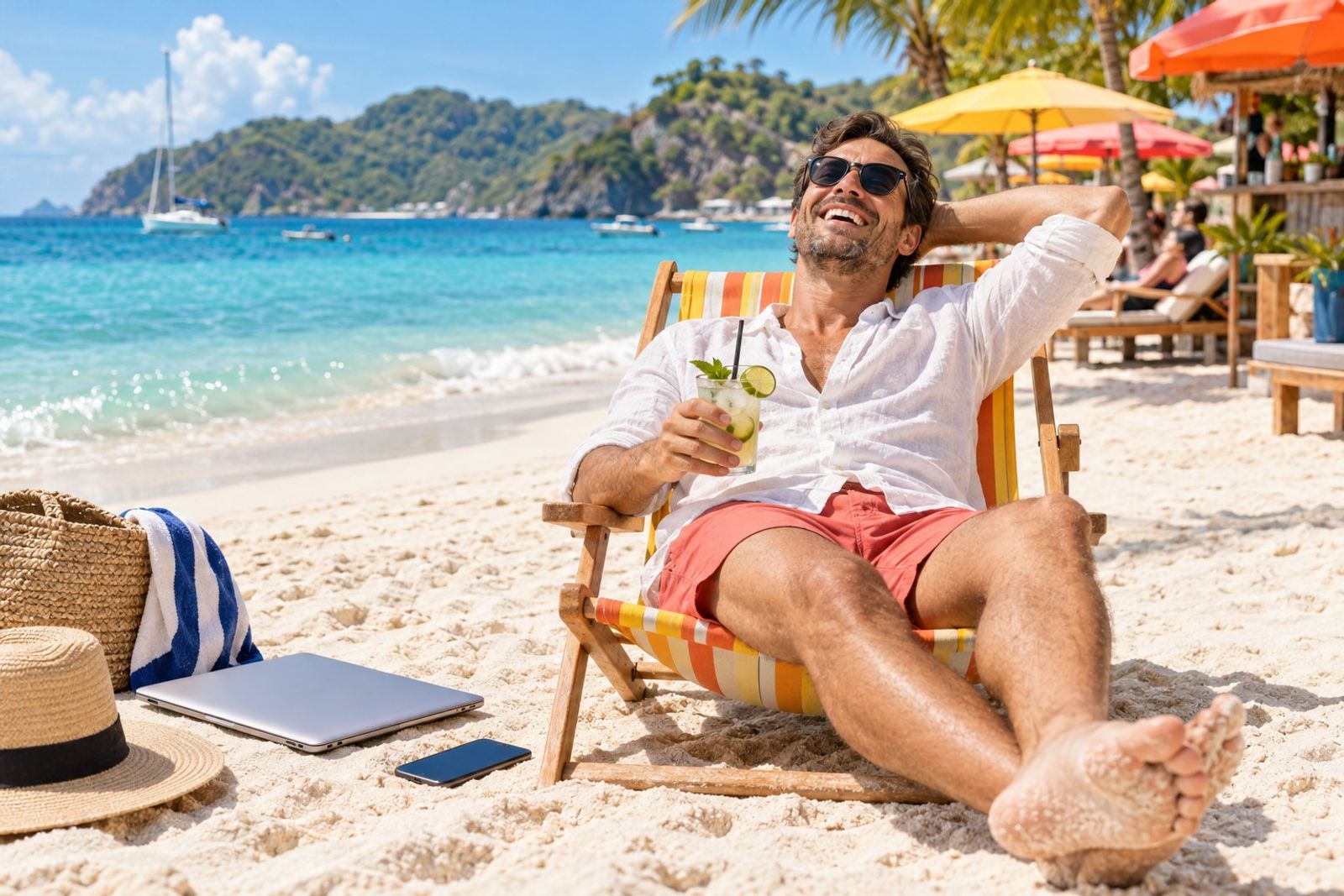 A relaxed small-business owner lounging in a bright striped deck chair on a sunny beach with a cold drink, laptop closed on the sand beside him, phone face down, laughing with relief