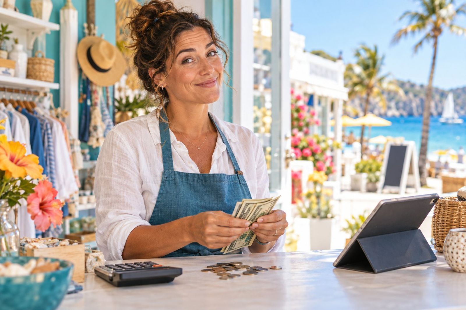 A small-business owner at a bright beach-town storefront counting out a modest stack of cash and coins next to a tablet and a calculator, smiling with a raised eyebrow