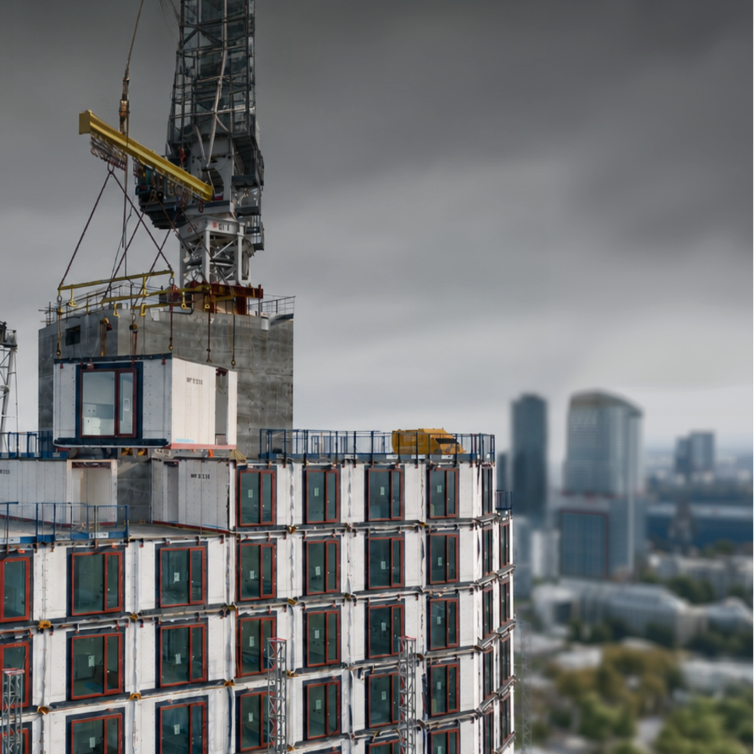 Modular apartment unit being craned into place on a high-rise site