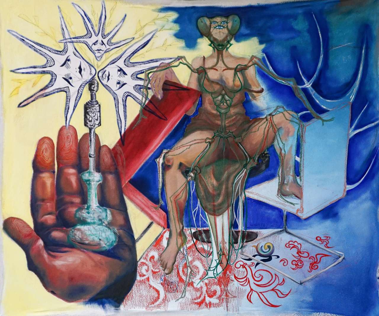Close view of a skeletal figure with raised arms alongside a painted hand holding a turquoise vial, set against warm and cool color fields.