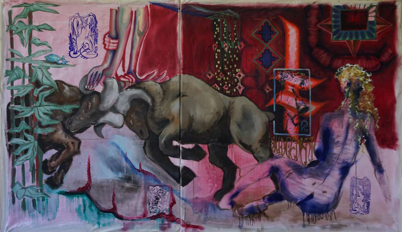 Full installation view spanning two canvas panels with central figure composition, framed artworks, patterned backdrop, and multi-colored abstract elements.