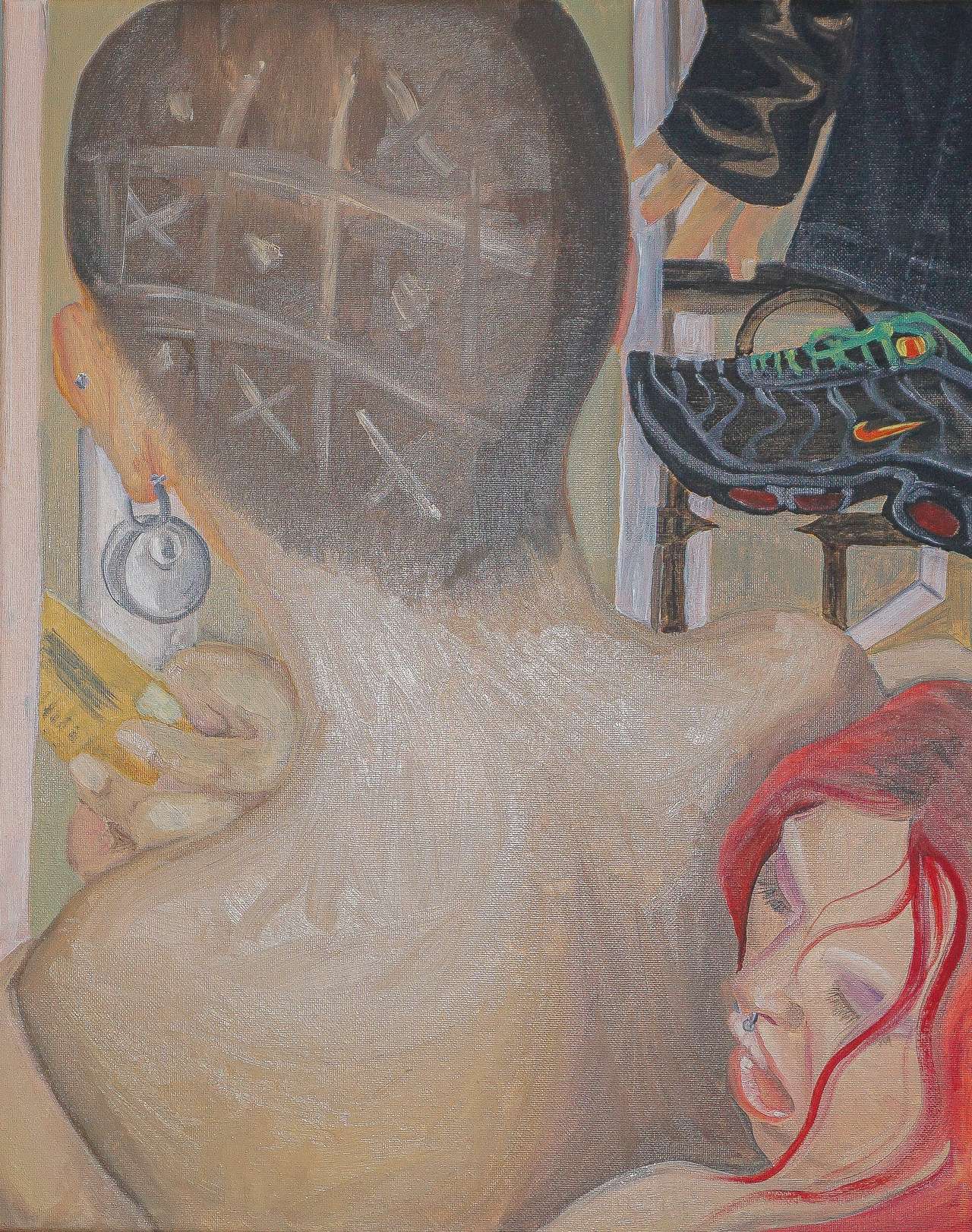 Detail of oil painting depicting a pale-skinned figure from shoulders up with geometric patterns on head, headphones, and colorful objects in composition.