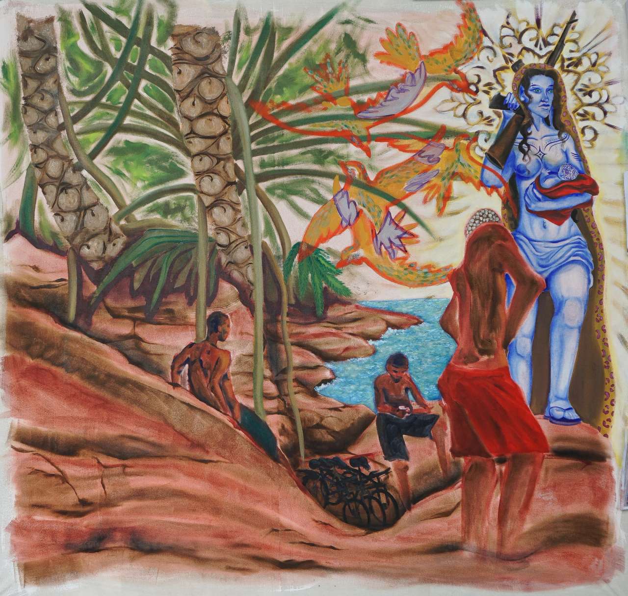 Full view of the painting on paper showing the complete composition with figures, architectural forms, water, and vegetation in a dreamlike scene.