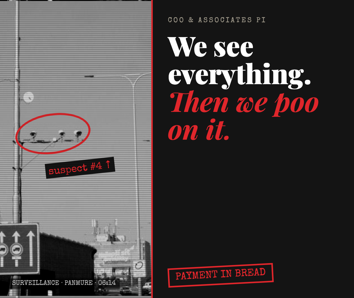 Coo & Associates PI: we see everything. Then we poo on it.