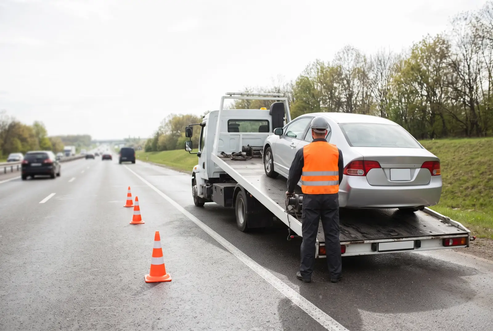 Yol kenarında çekiciye bindirilmiş araç; yelekli görevli vinç kumandasını tutuyor, yolda trafik konileri.