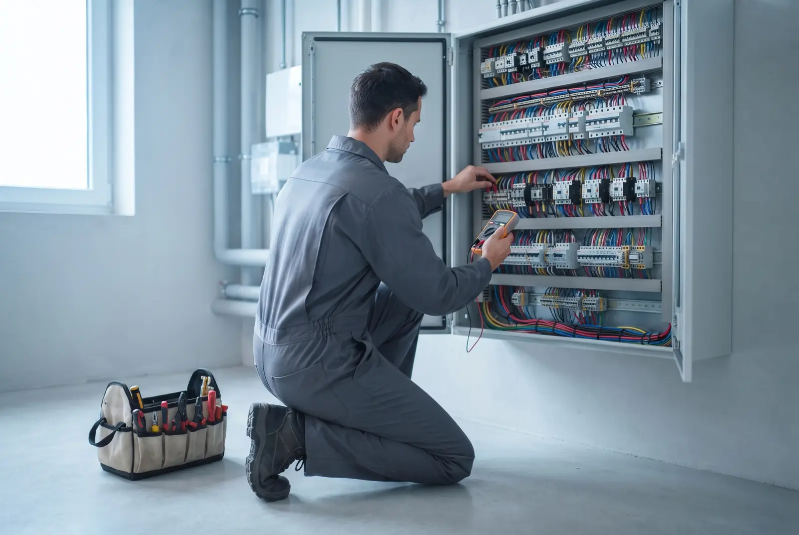 Açık elektrik panosunun önünde diz çökmüş teknisyen multimetreyle ölçüm yapıyor; yanında alet çantası.