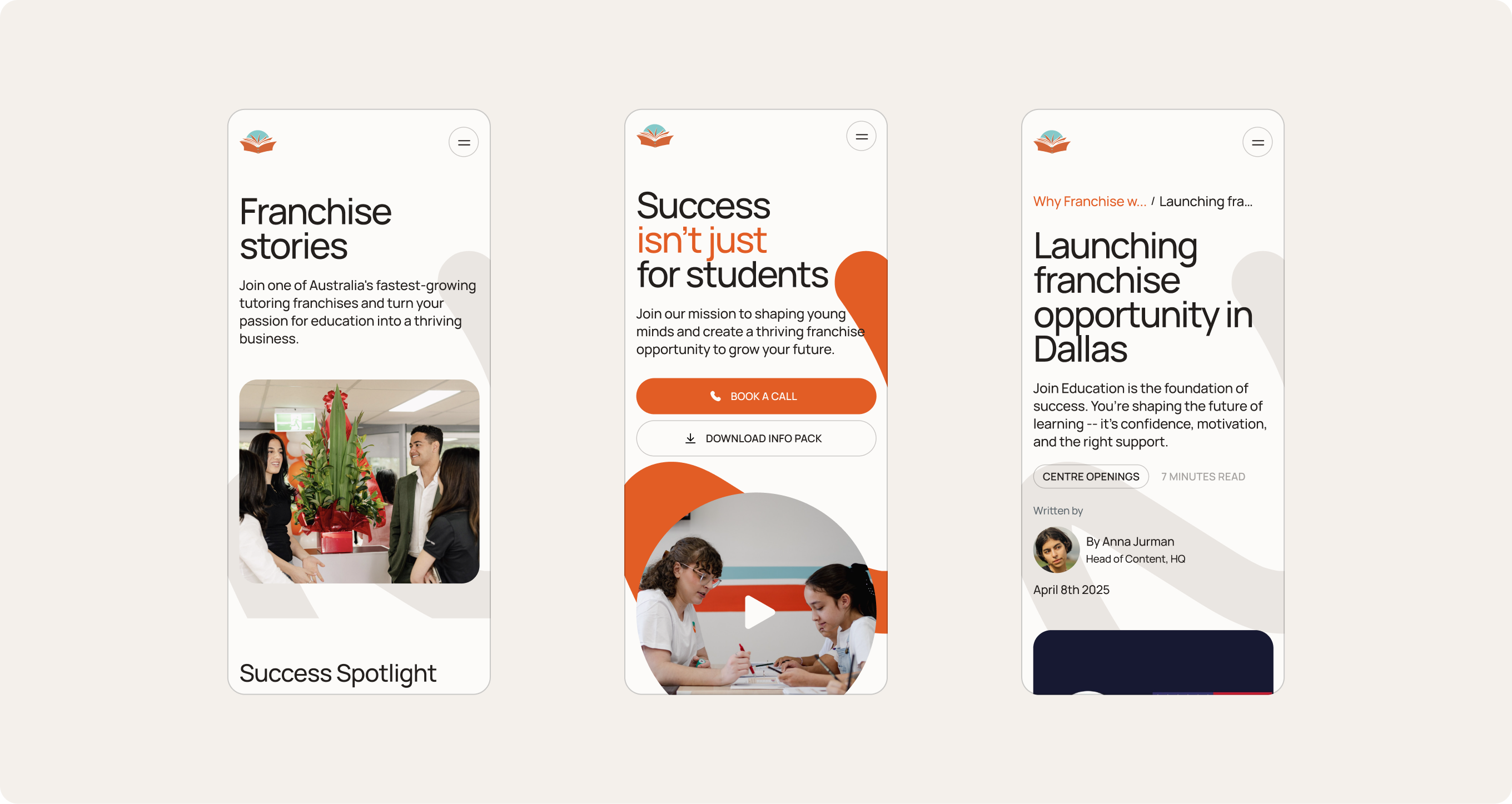 Three phone mockups showing franchise stories, the mission page and a centre-launch article