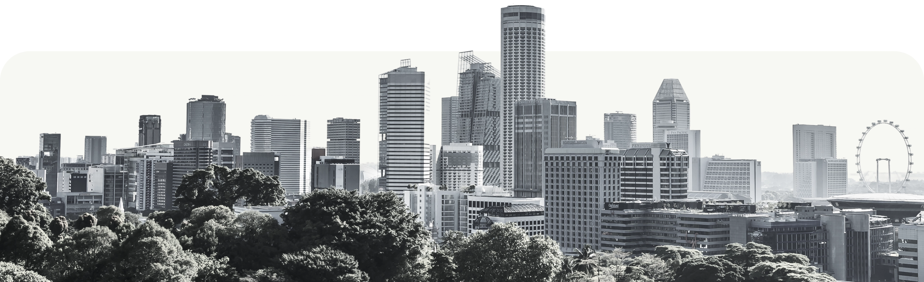 Singapore city skyline with lush green trees in the foreground