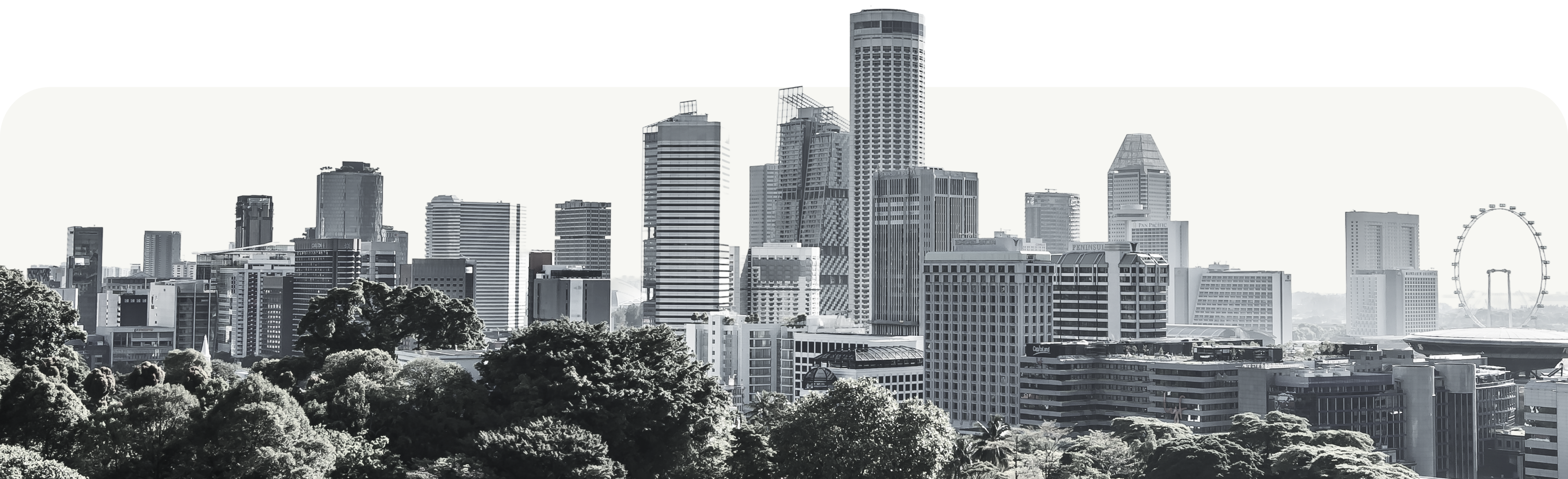 Singapore city skyline with lush green trees in the foreground