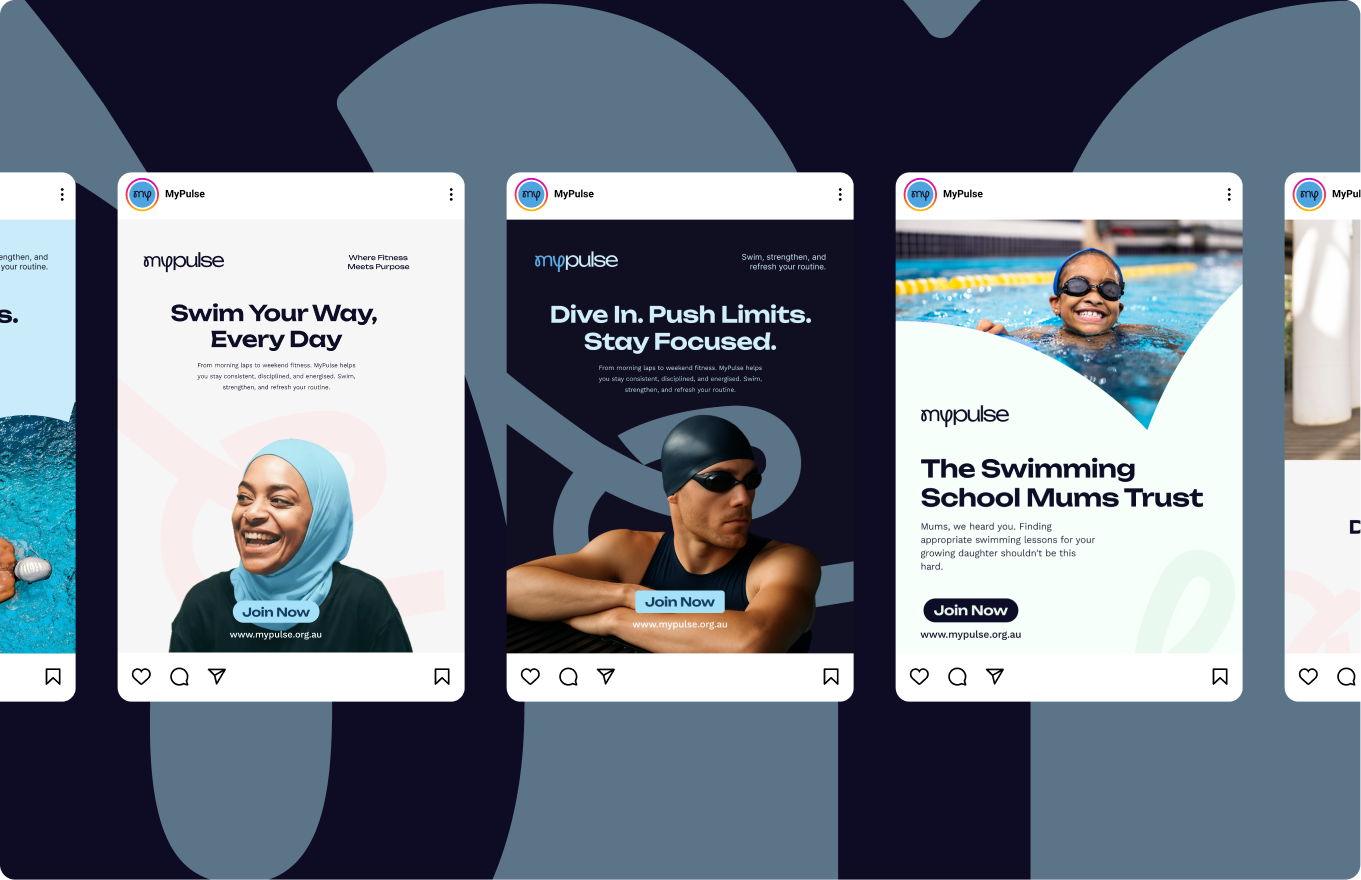 MyPulse Instagram posts promoting swimming and fitness with branded headlines and 'Join Now' buttons