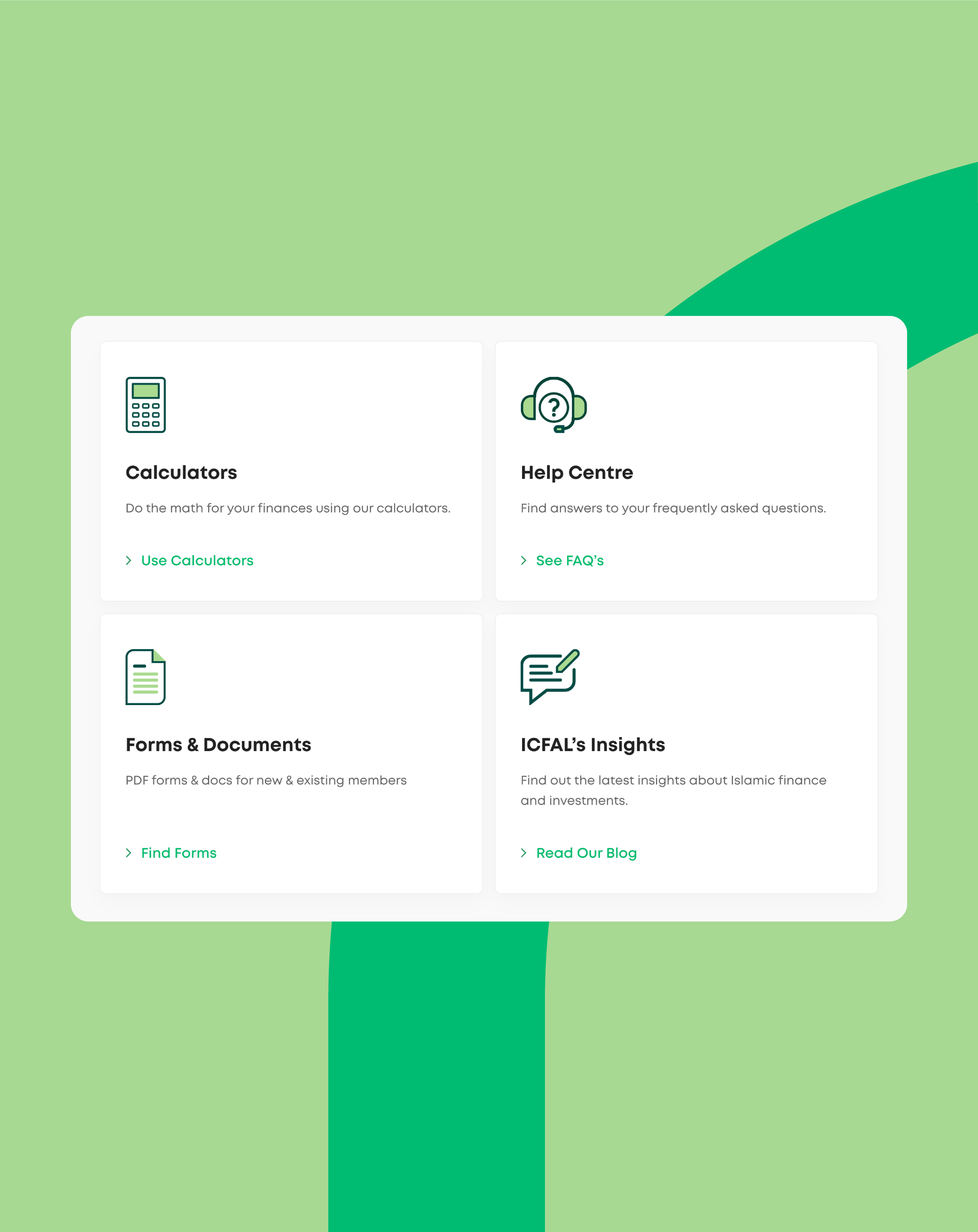 ICFAL resource cards for calculators, help centre, forms and documents, and insights, designed as reusable UI elements