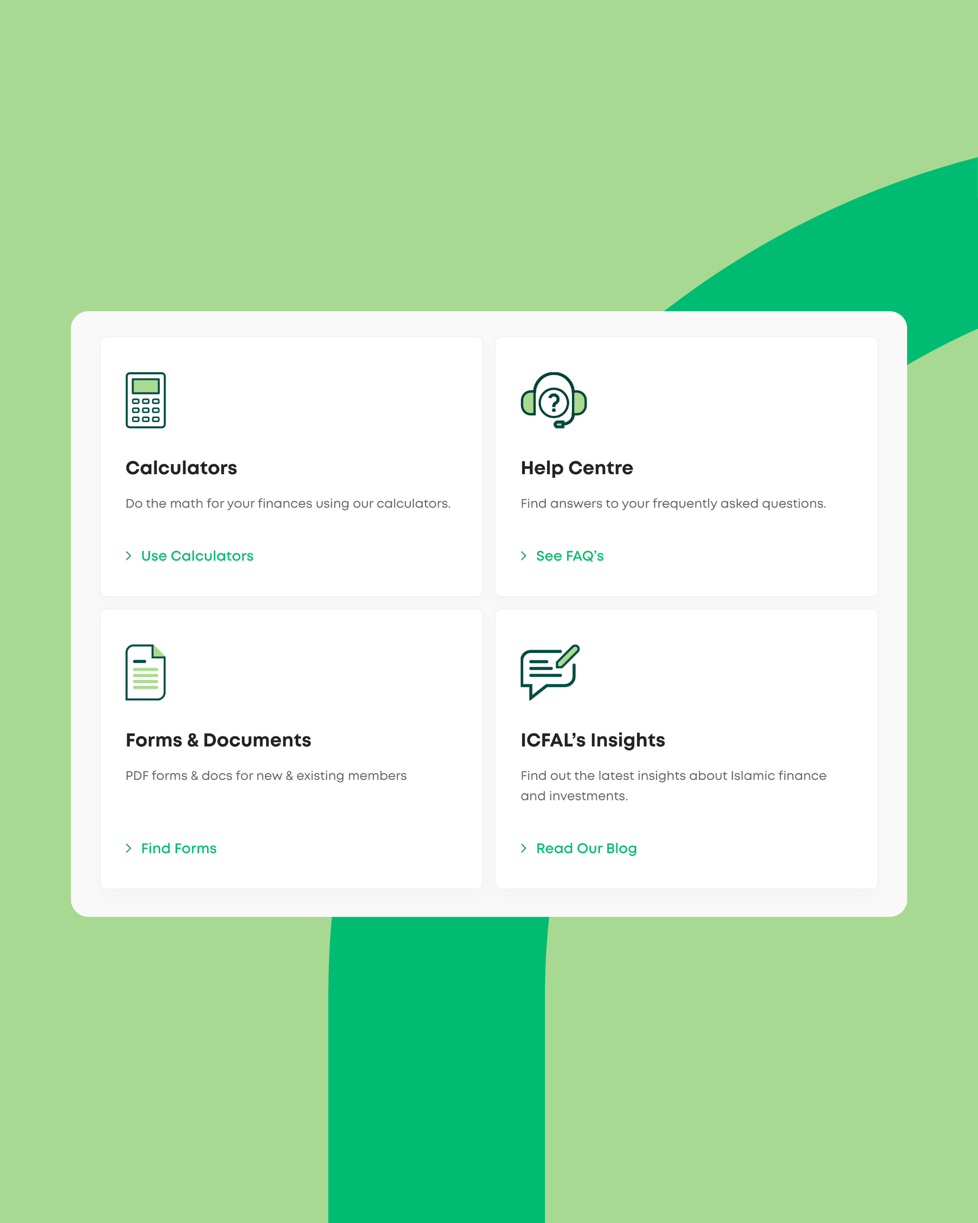 ICFAL resource cards for calculators, help centre, forms and documents, and insights, designed as reusable UI elements