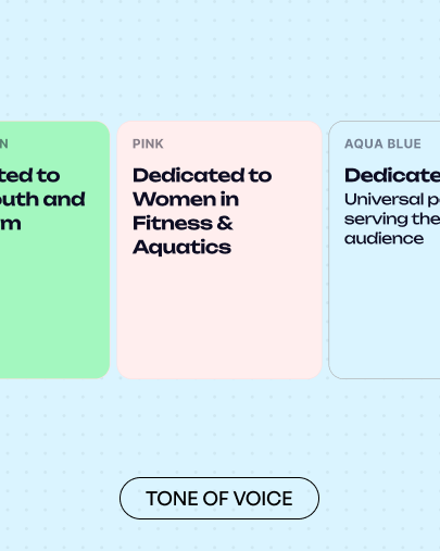 MyPulse tone of voice cards assigning aqua green to kids and swim school, pink to women and aqua blue to everyone
