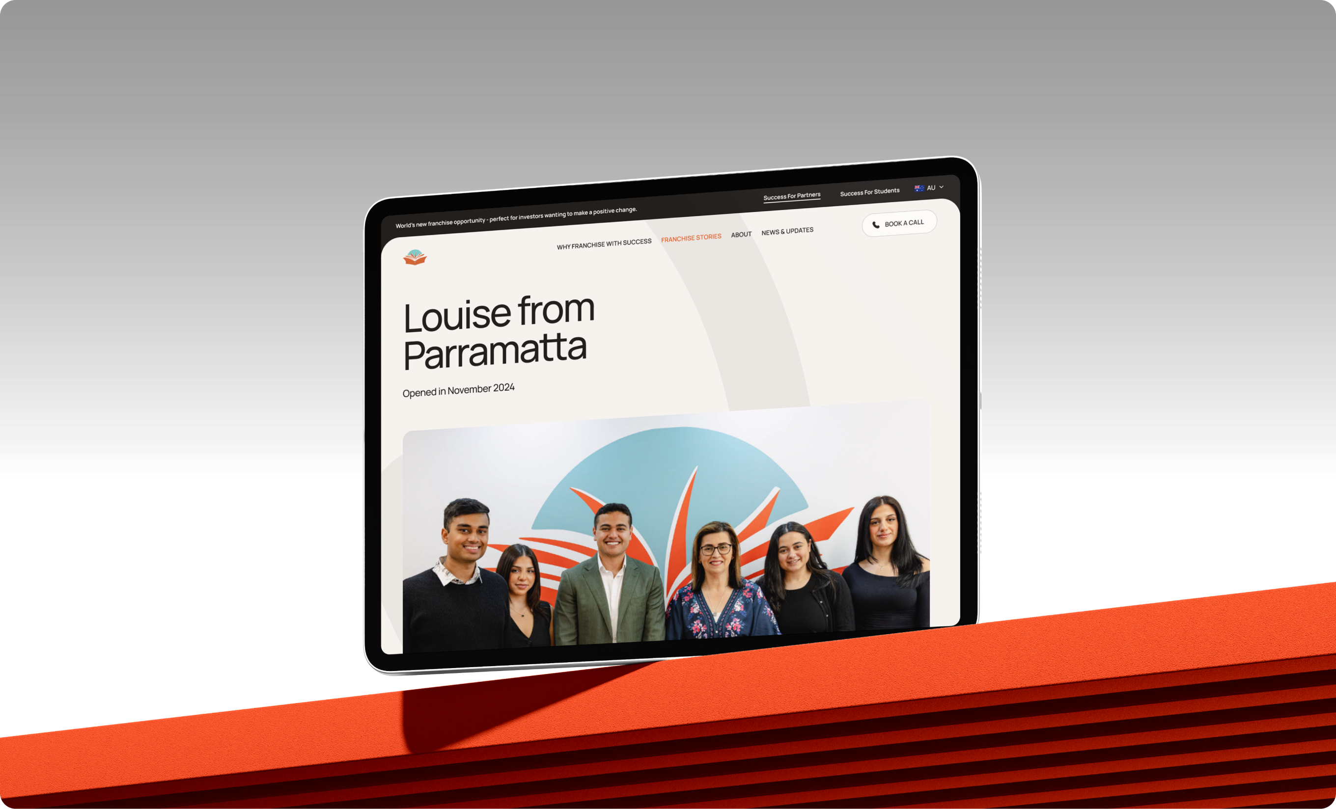 Success Tutoring franchise story page shown on a tablet, 'Louise from Parramatta'