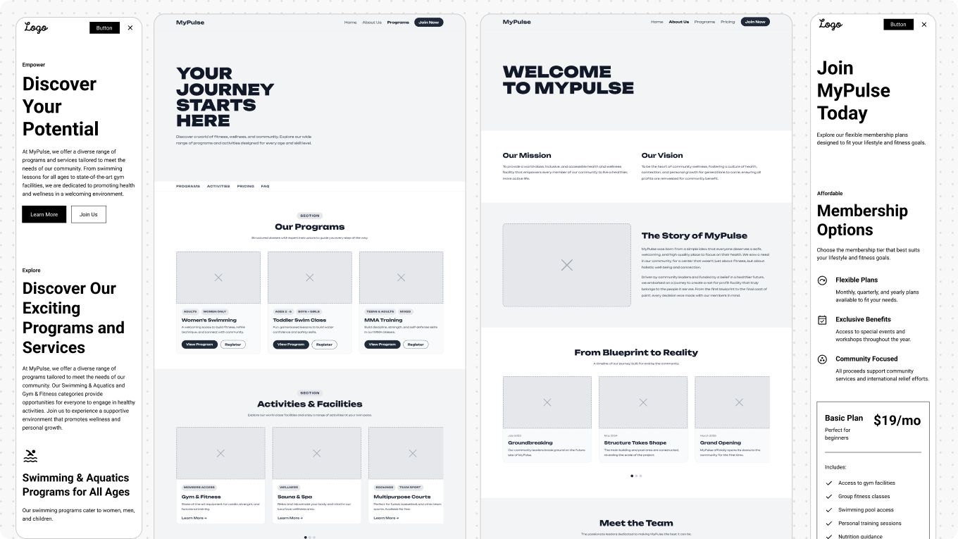 MyPulse website wireframes for mobile and desktop home, about, programs and membership pages