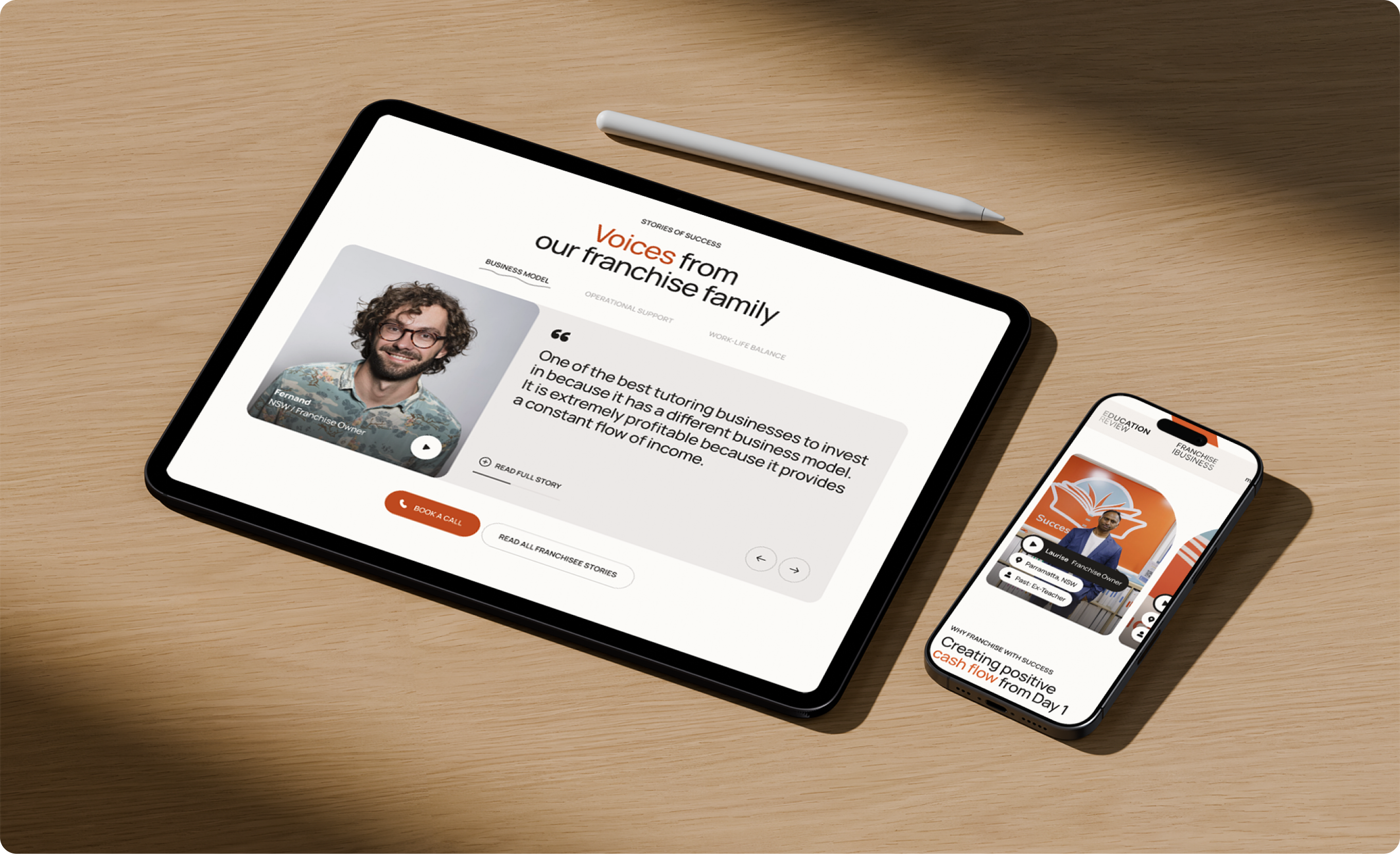 'Voices from our franchise family' franchise story page shown on a tablet and phone