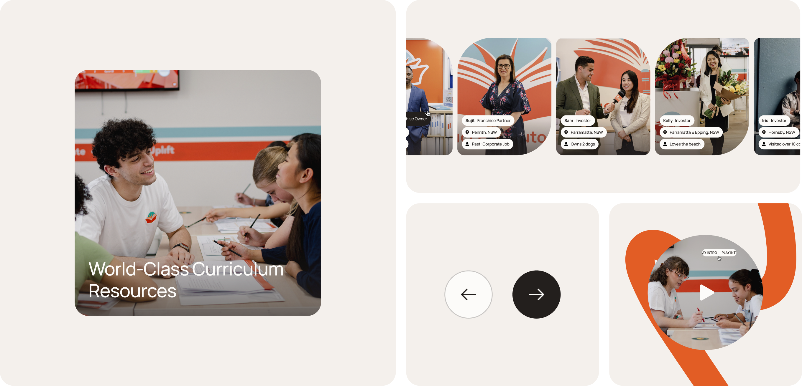 Composite of the World-Class Curriculum Resources card, franchise reels carousel and intro video card