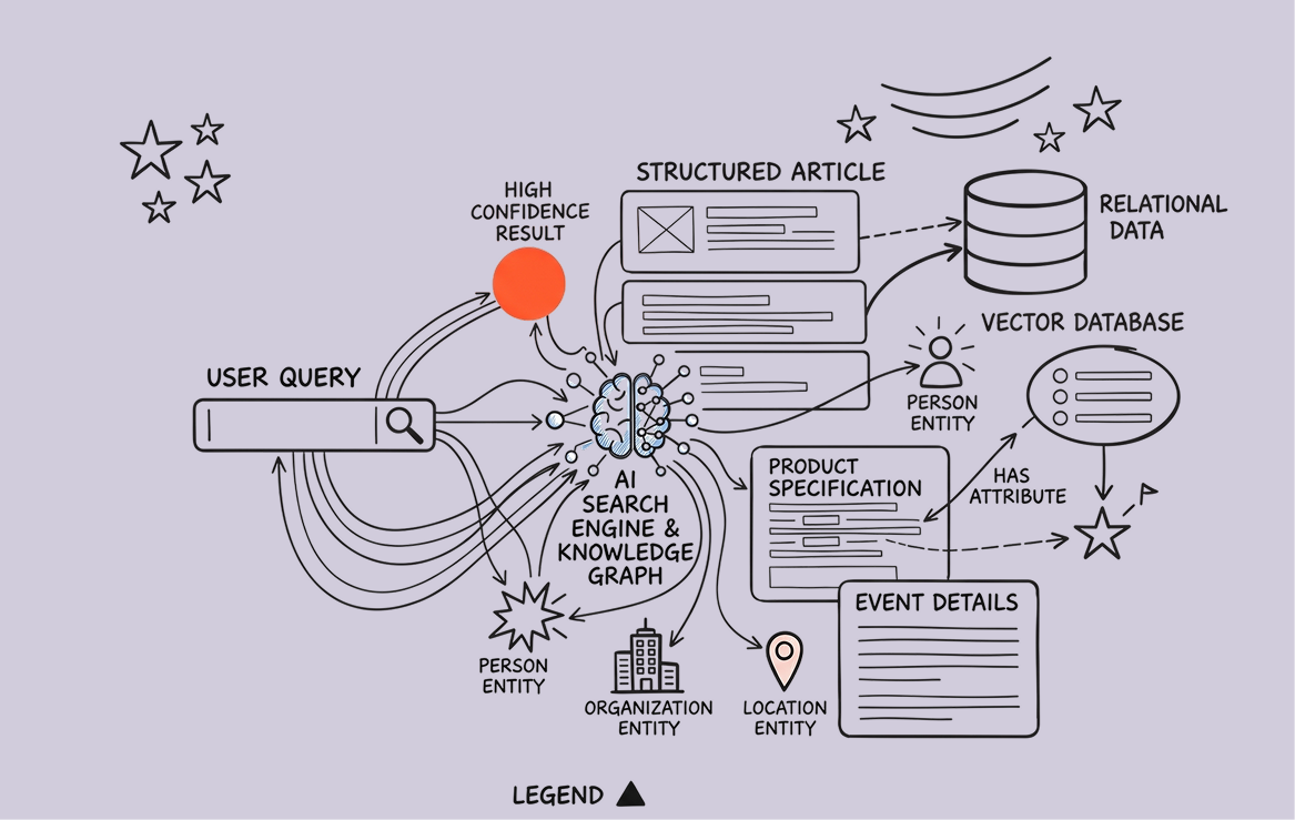 Sketch diagram showing how structured content, entities and data feed an AI search engine to return confident results