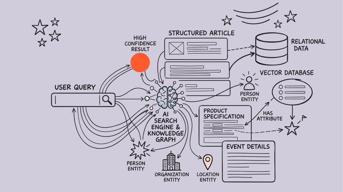 Sketch diagram showing how structured content, entities and data feed an AI search engine to return confident results