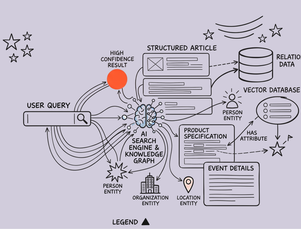 Sketch diagram showing how structured content, entities and data feed an AI search engine to return confident results