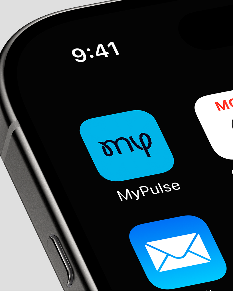 MyPulse app icon with the blue 'mp' monogram on an iPhone home screen