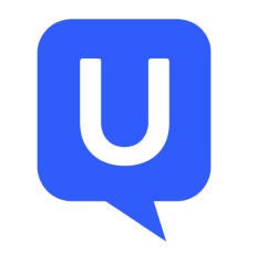 Blue speech-bubble app icon with a white letter U