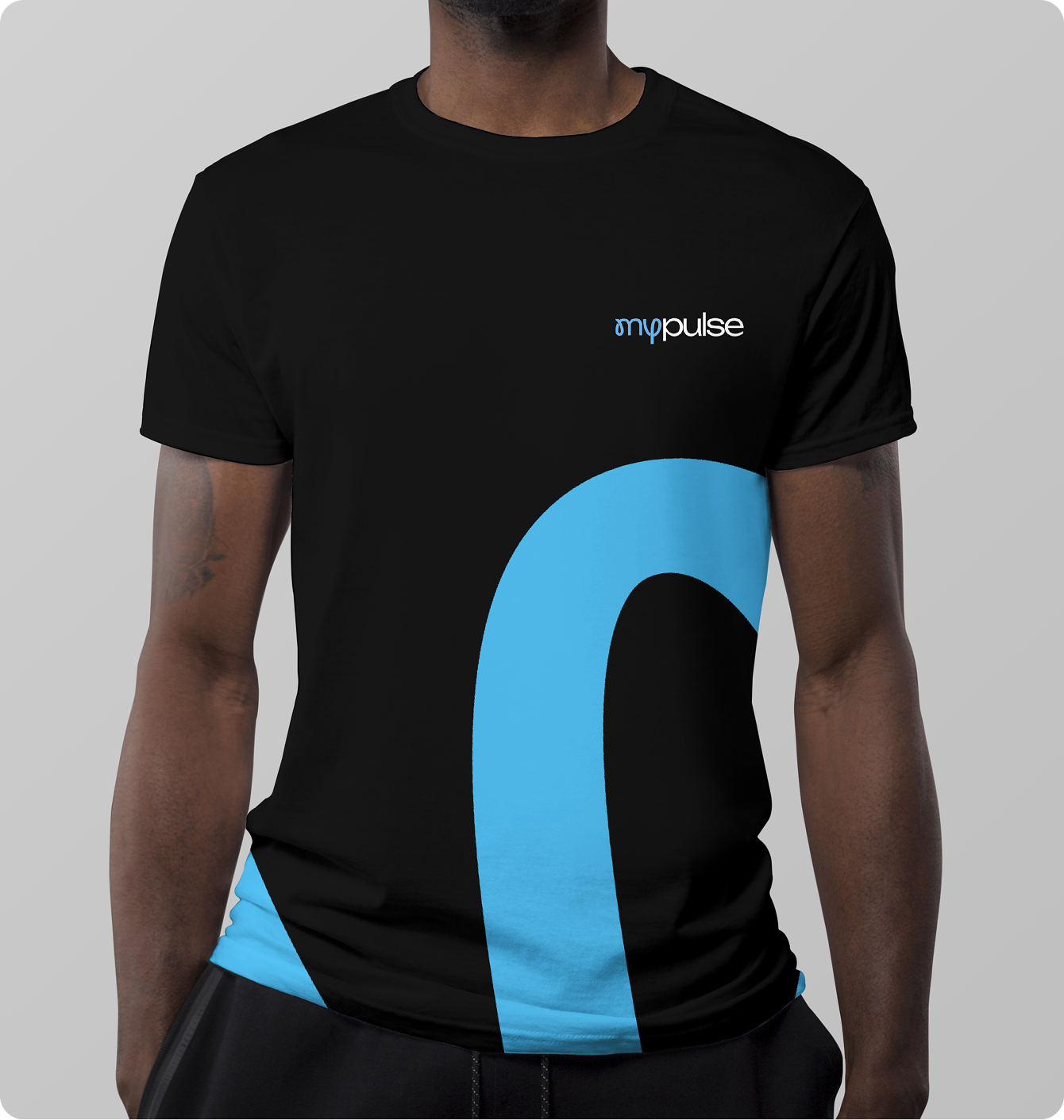 Black MyPulse t-shirt with a small chest logo and a bold sky-blue brand curve across the front