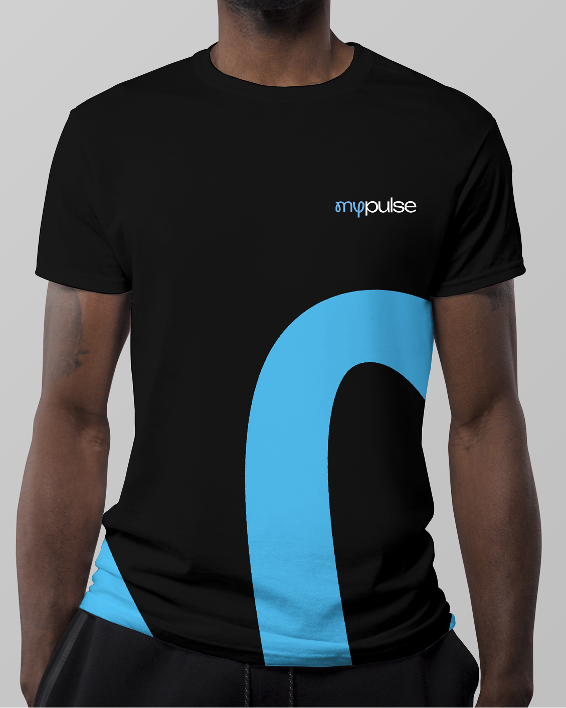 Black MyPulse t-shirt with a small chest logo and a bold sky-blue brand curve across the front