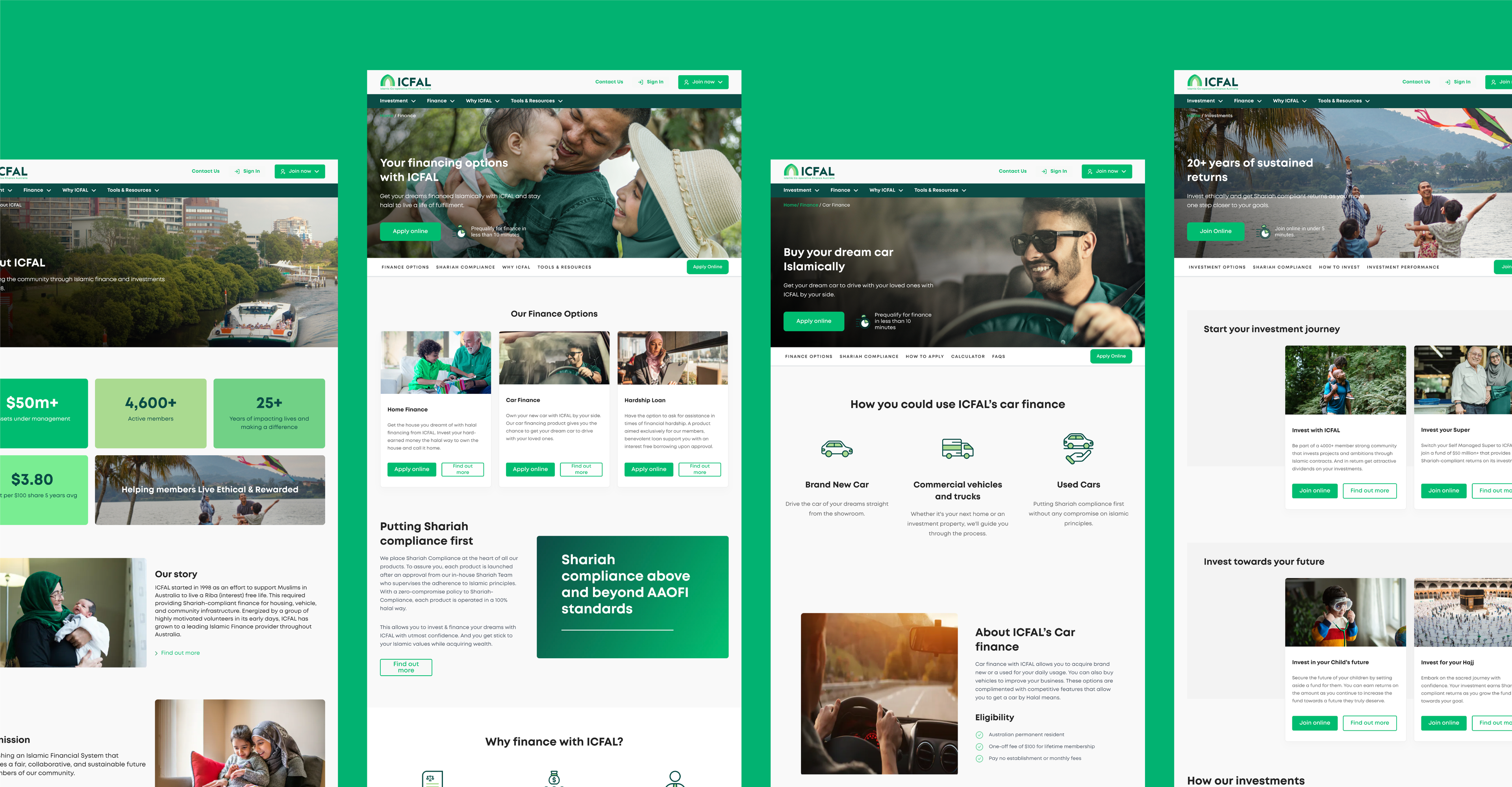ICFAL financial services page designs for about, finance options, car finance and investment pages